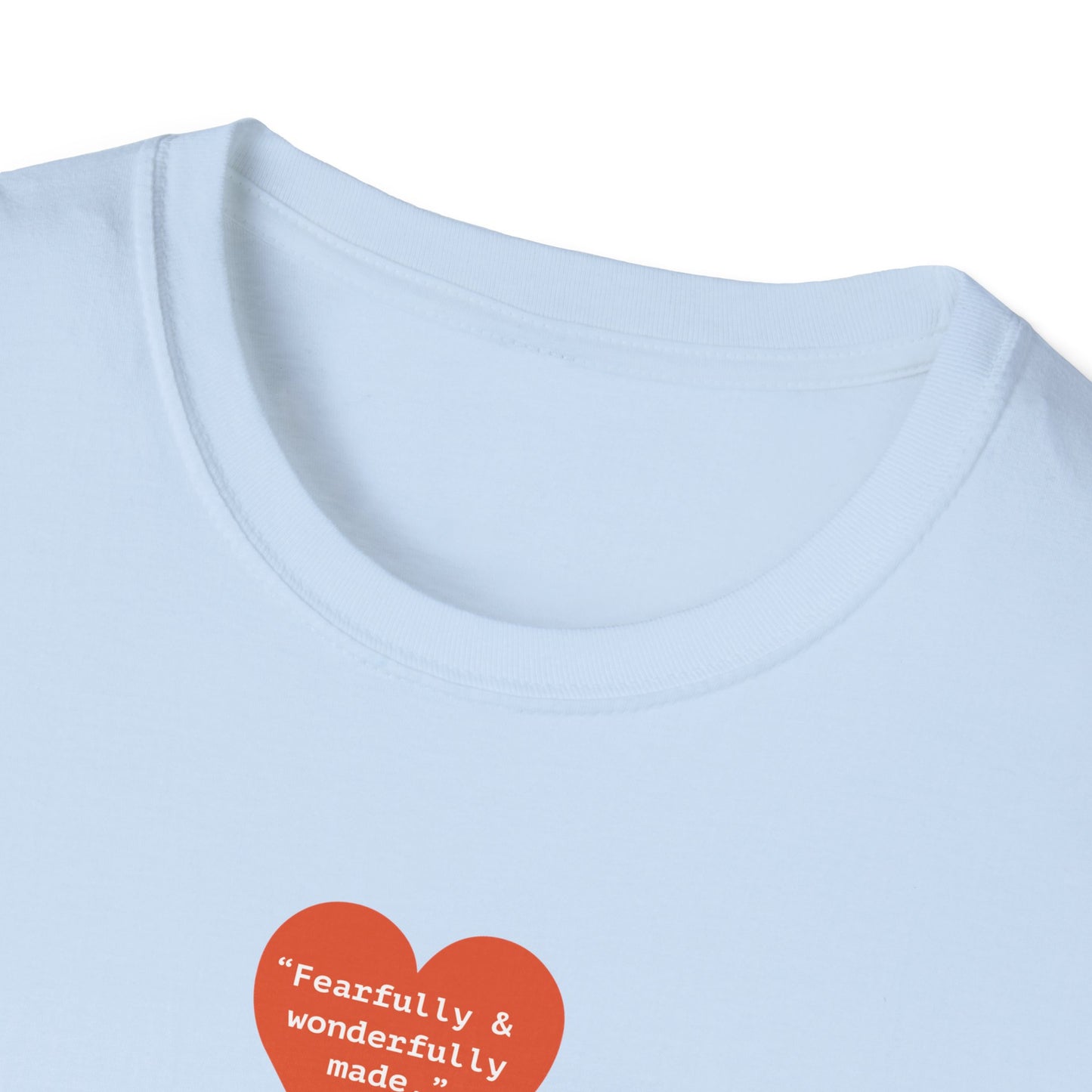 T-Shirt — Small Red Heart Graphic "Fearfully & Wonderfully Made"