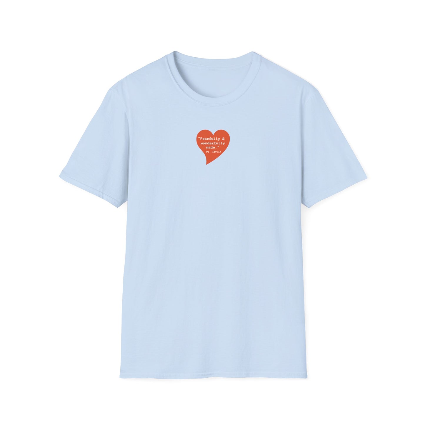 T-Shirt — Small Red Heart Graphic "Fearfully & Wonderfully Made"