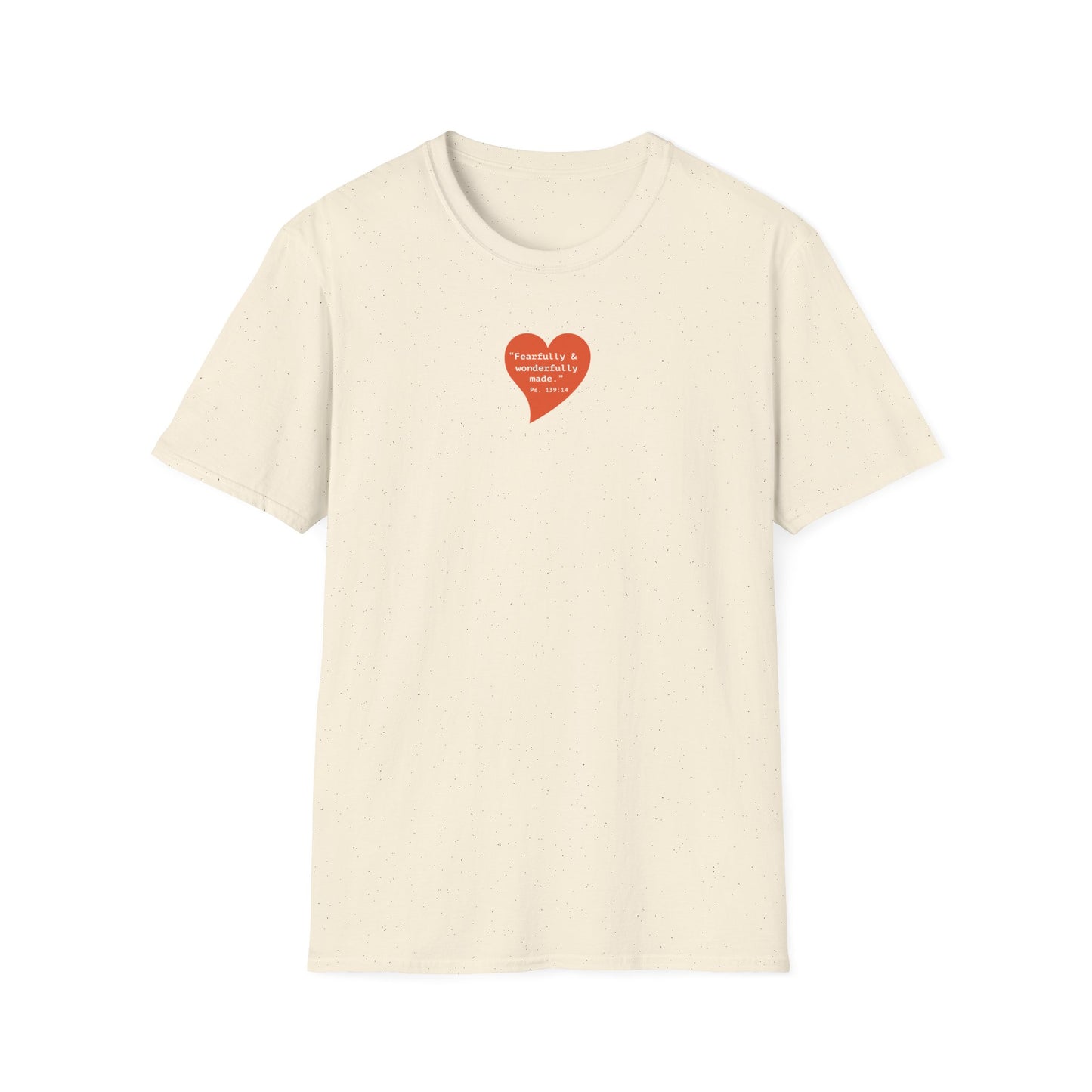 T-Shirt — Small Red Heart Graphic "Fearfully & Wonderfully Made"