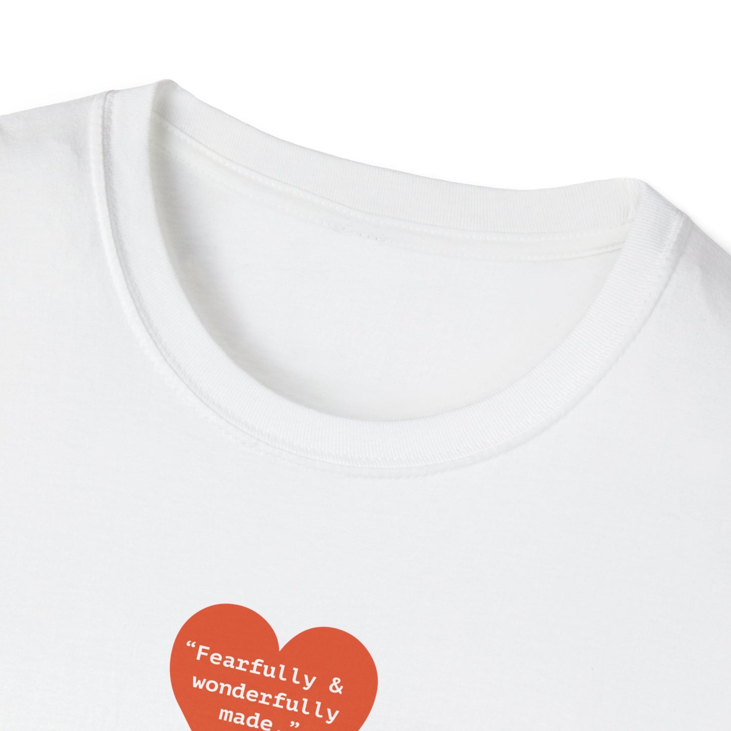 T-Shirt — Small Red Heart Graphic "Fearfully & Wonderfully Made"