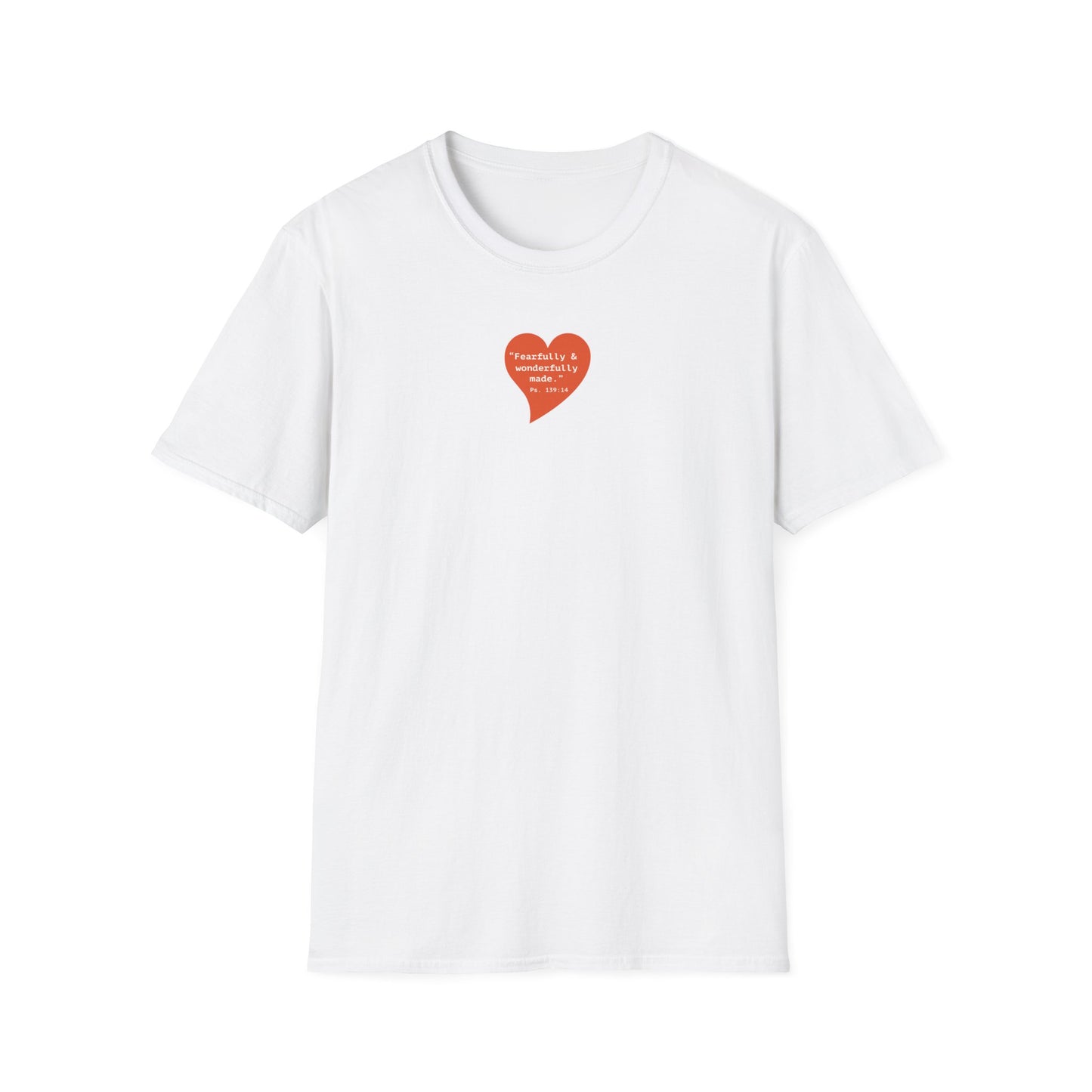 T-Shirt — Small Red Heart Graphic "Fearfully & Wonderfully Made"