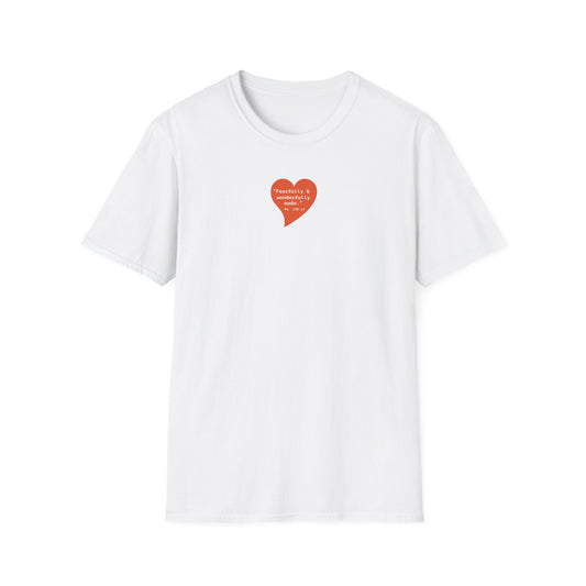 T-Shirt — Small Red Heart Graphic "Fearfully & Wonderfully Made"