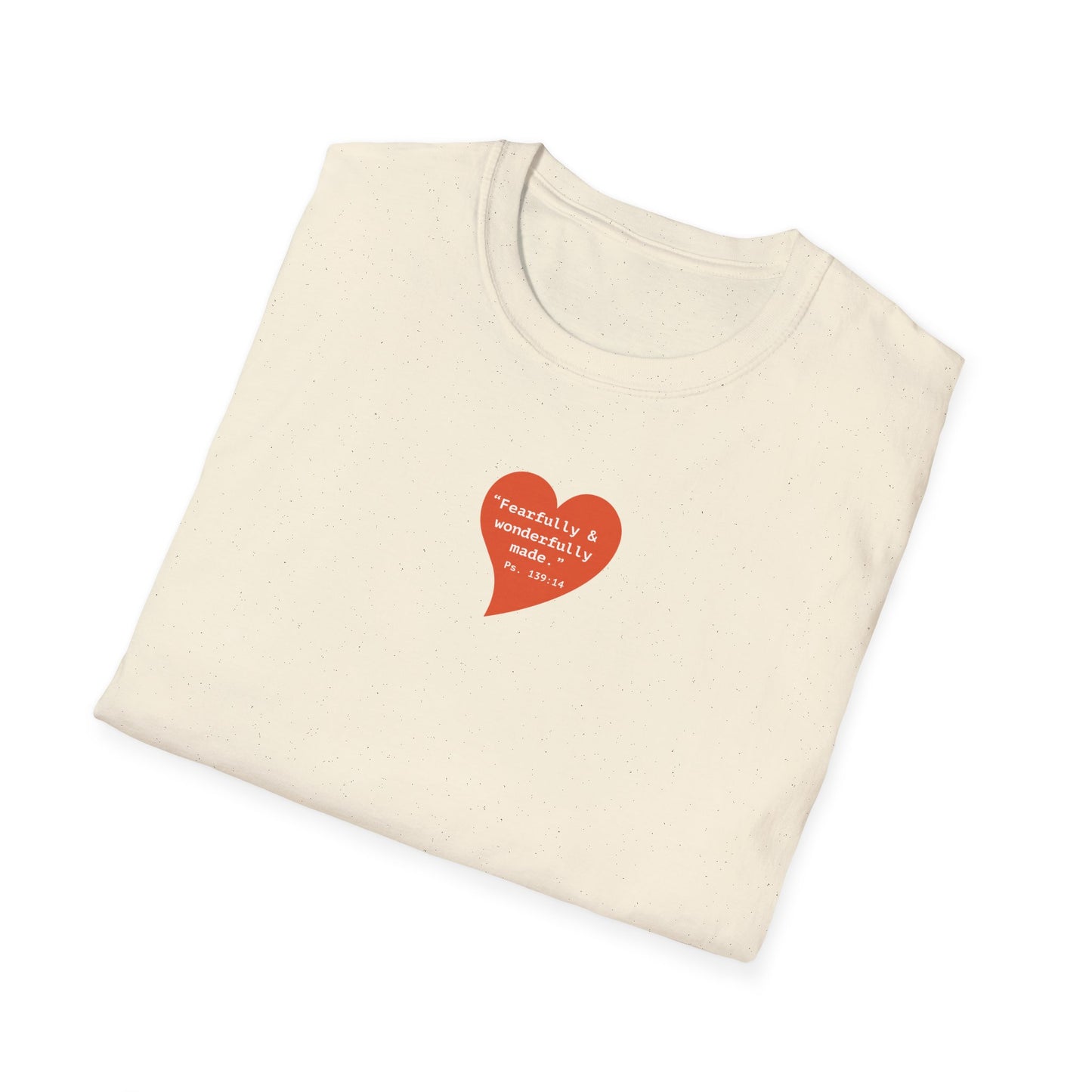 T-Shirt — Small Red Heart Graphic "Fearfully & Wonderfully Made"
