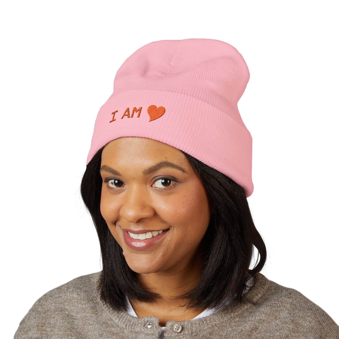 Embroidered 'I AM' Heart Cuffed Beanie