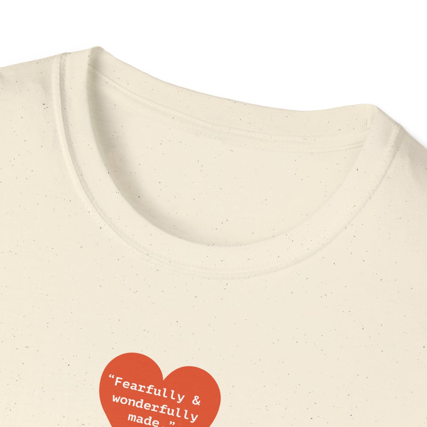 T-Shirt — Small Red Heart Graphic "Fearfully & Wonderfully Made"