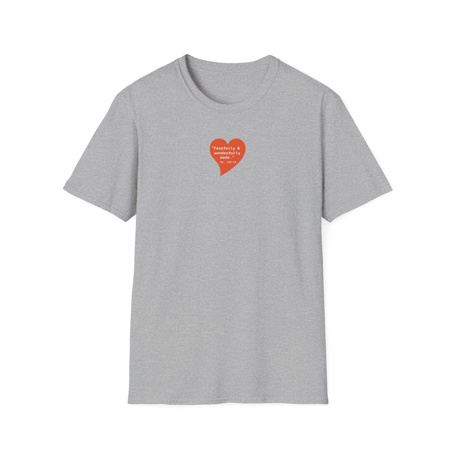 T-Shirt — Small Red Heart Graphic "Fearfully & Wonderfully Made"