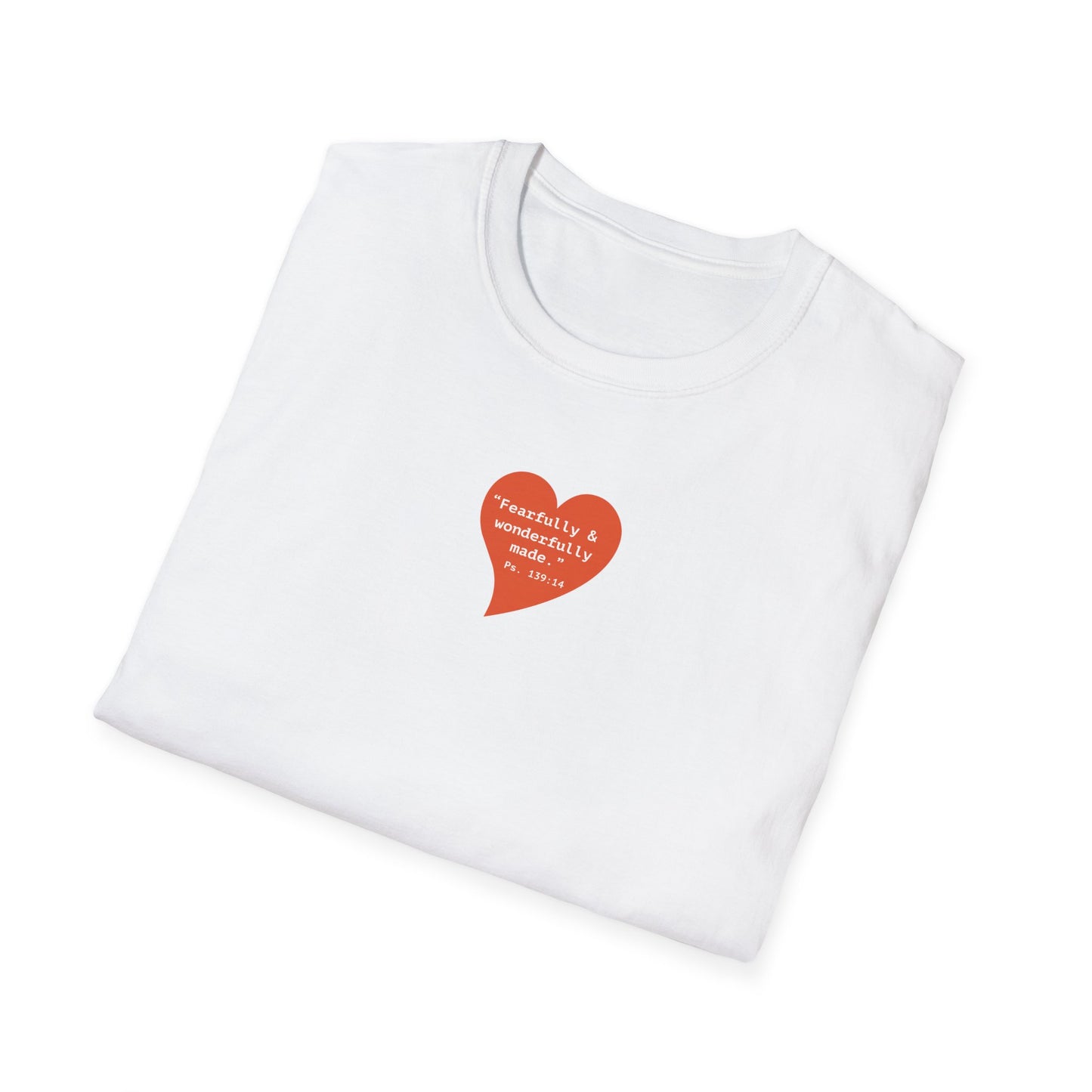 T-Shirt — Small Red Heart Graphic "Fearfully & Wonderfully Made"