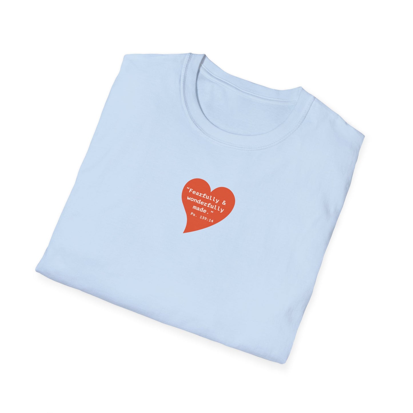 T-Shirt — Small Red Heart Graphic "Fearfully & Wonderfully Made"