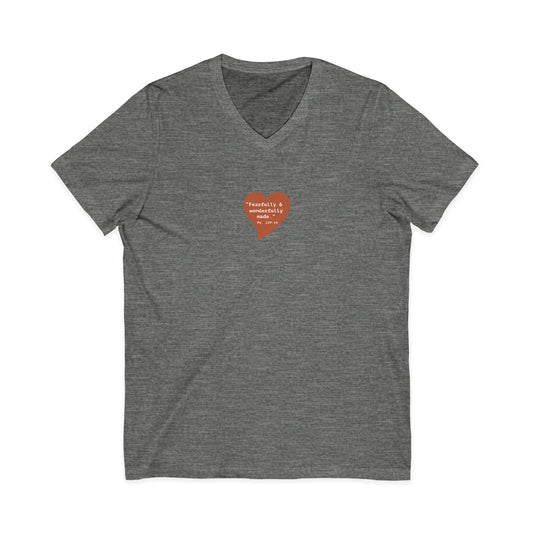 Heart Love V-Neck Tee — Small Red Heart "Fearfully & Wonderfully Made" Graphic