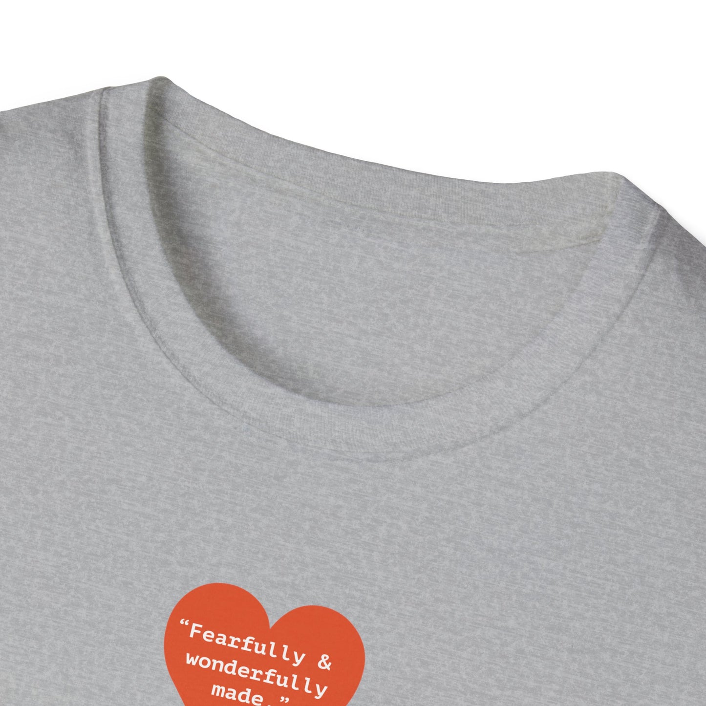 T-Shirt — Small Red Heart Graphic "Fearfully & Wonderfully Made"