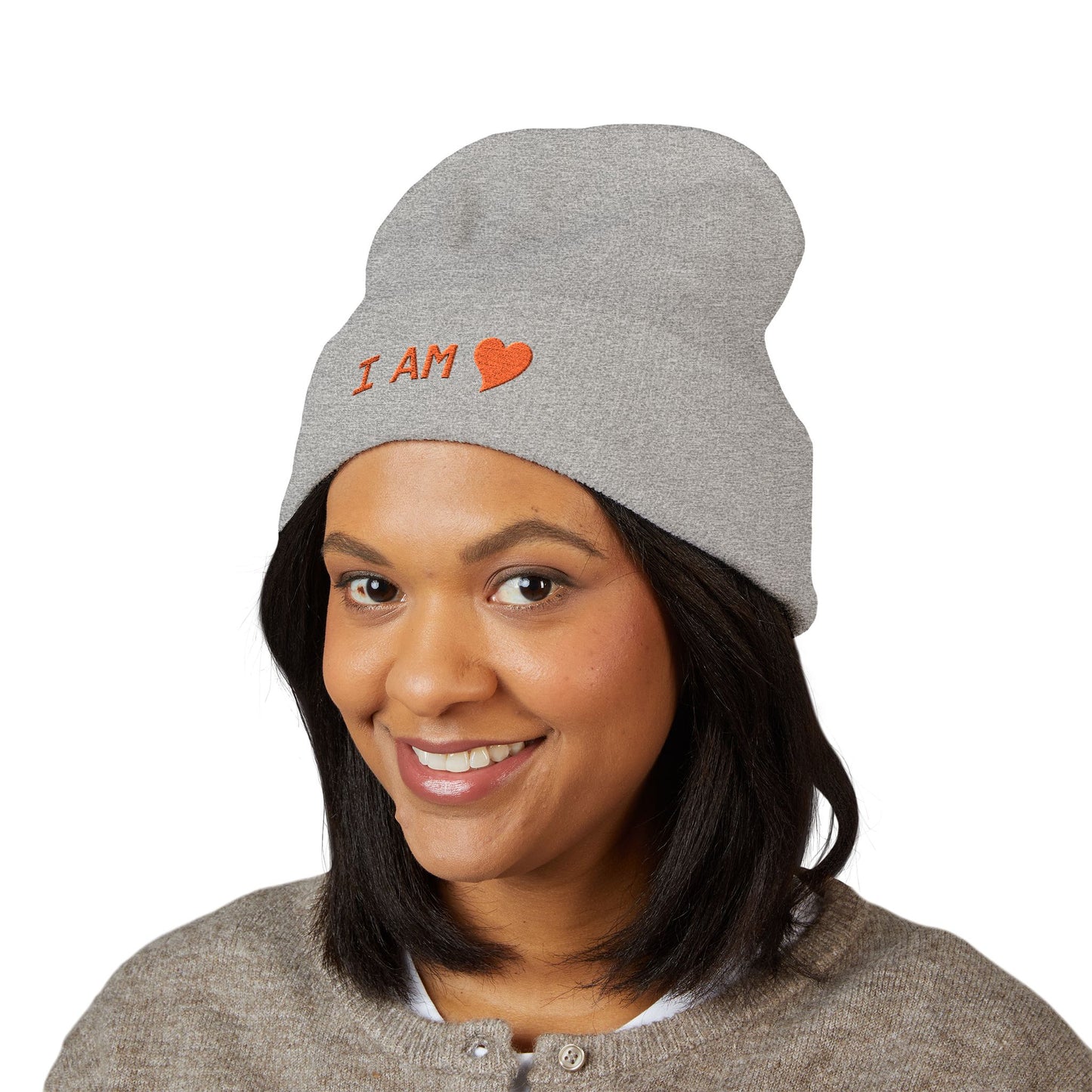 Embroidered 'I AM' Heart Cuffed Beanie