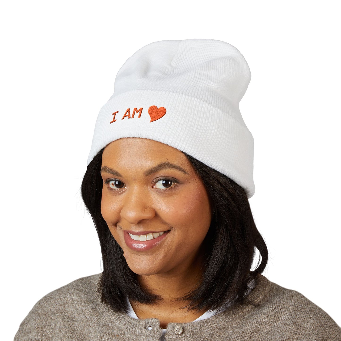 Embroidered 'I AM' Heart Cuffed Beanie
