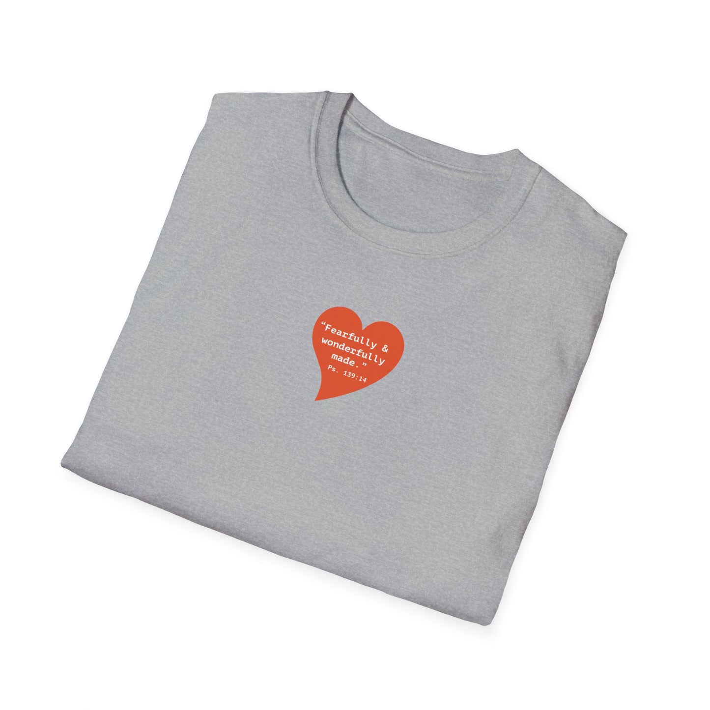 T-Shirt — Small Red Heart Graphic "Fearfully & Wonderfully Made"