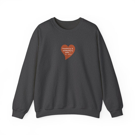 Crewneck Sweatshirt — Retro Heart 'Fearfully & Wonderfully Made' Minimalist Graphic - i am loved