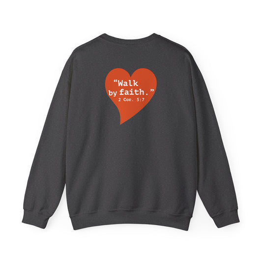 Crewneck Sweatshirt — Retro Heart 'Walk by Faith - Back' Minimalist Graphic - i am loved