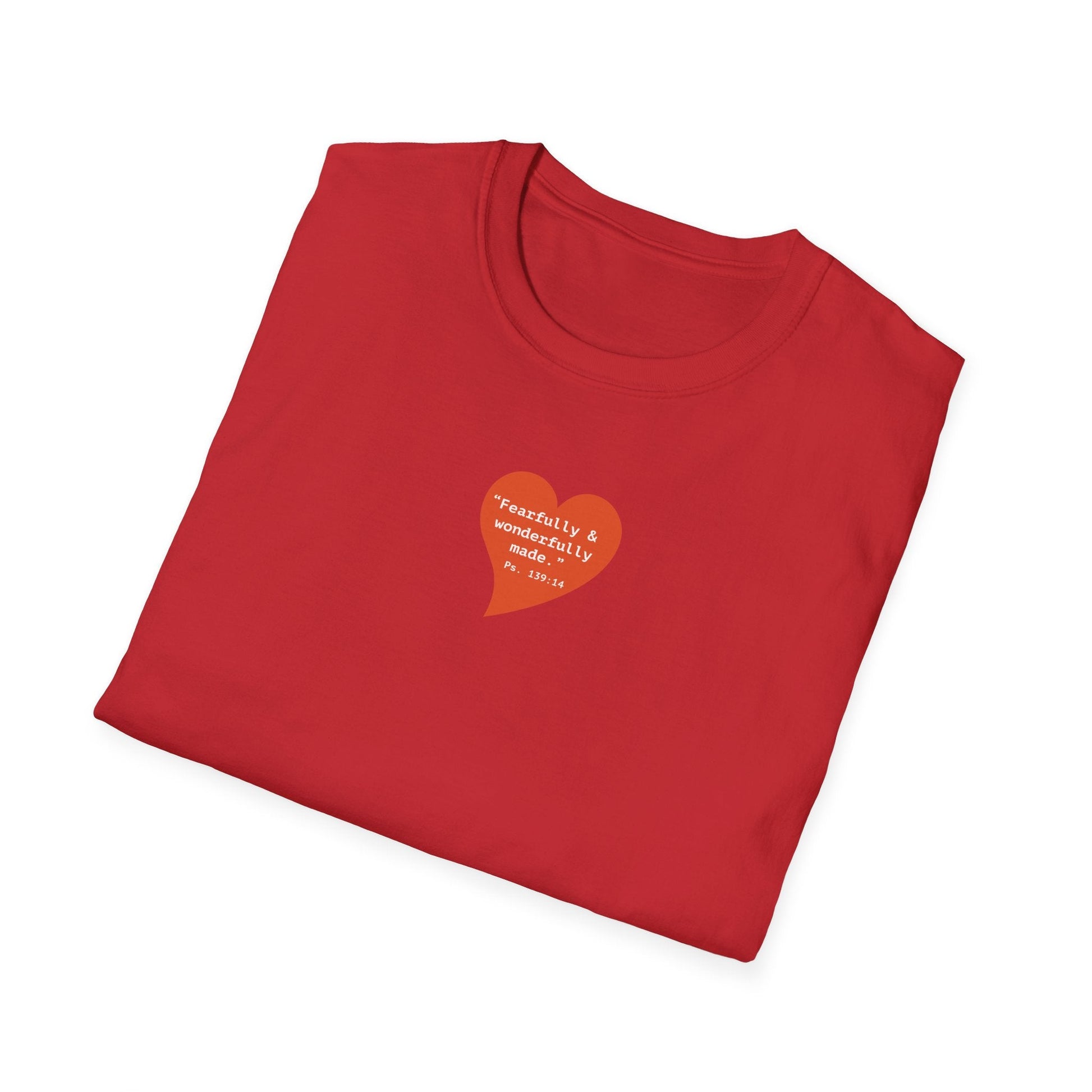 T-Shirt — Small Red Heart Graphic "Fearfully & Wonderfully Made" - i am loved