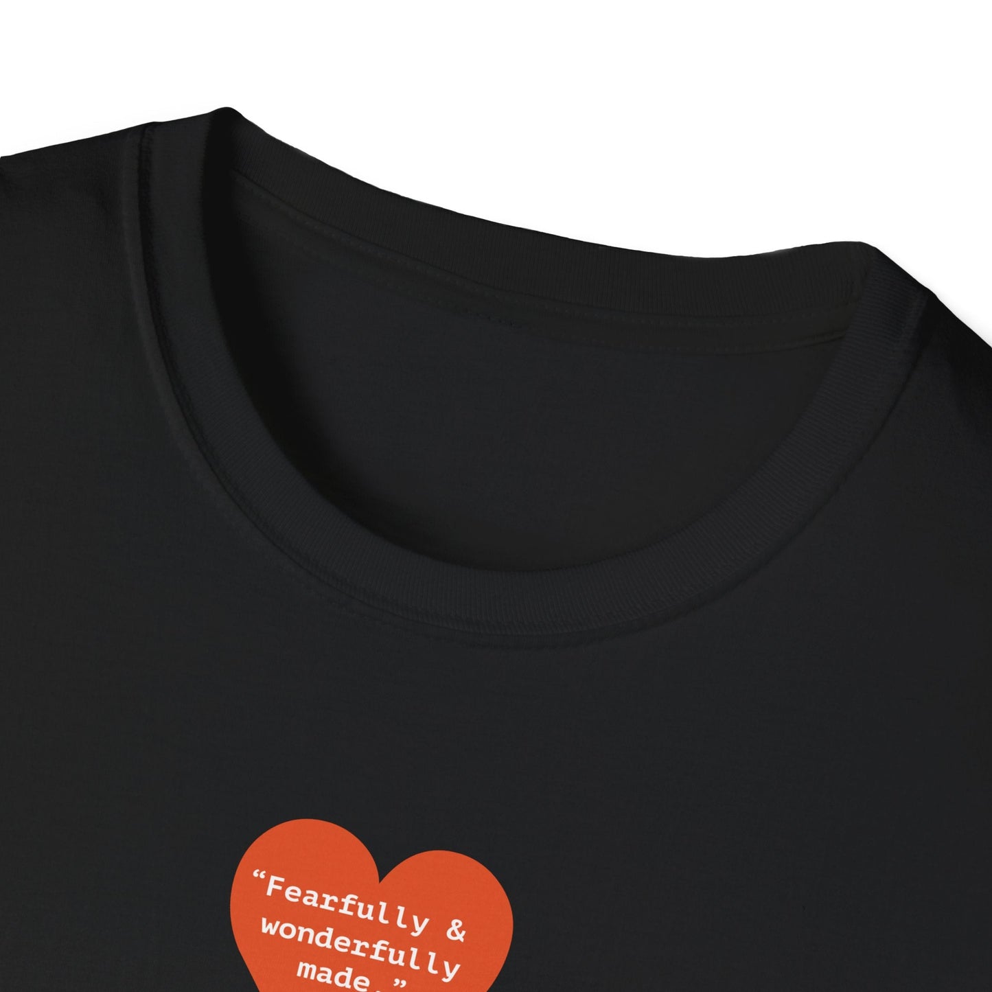 T-Shirt — Small Red Heart Graphic "Fearfully & Wonderfully Made" - i am loved