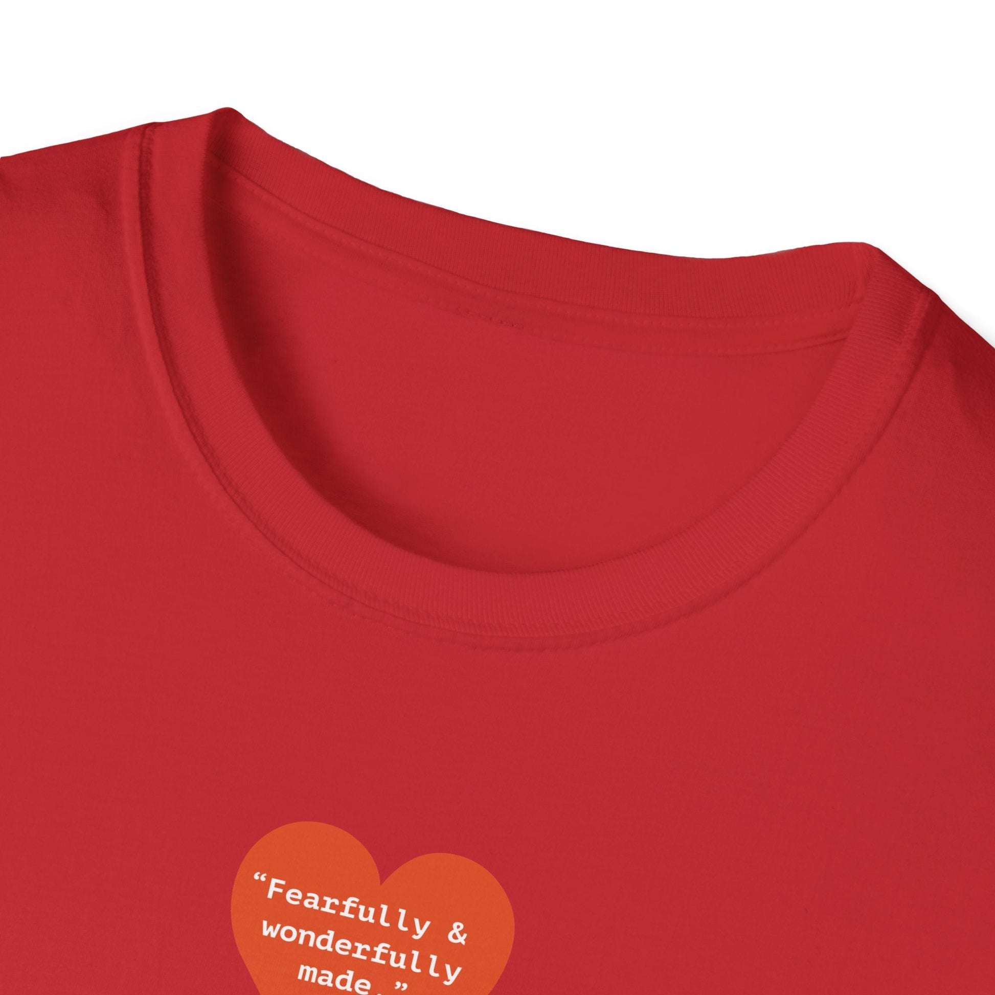 T-Shirt — Small Red Heart Graphic "Fearfully & Wonderfully Made" - i am loved