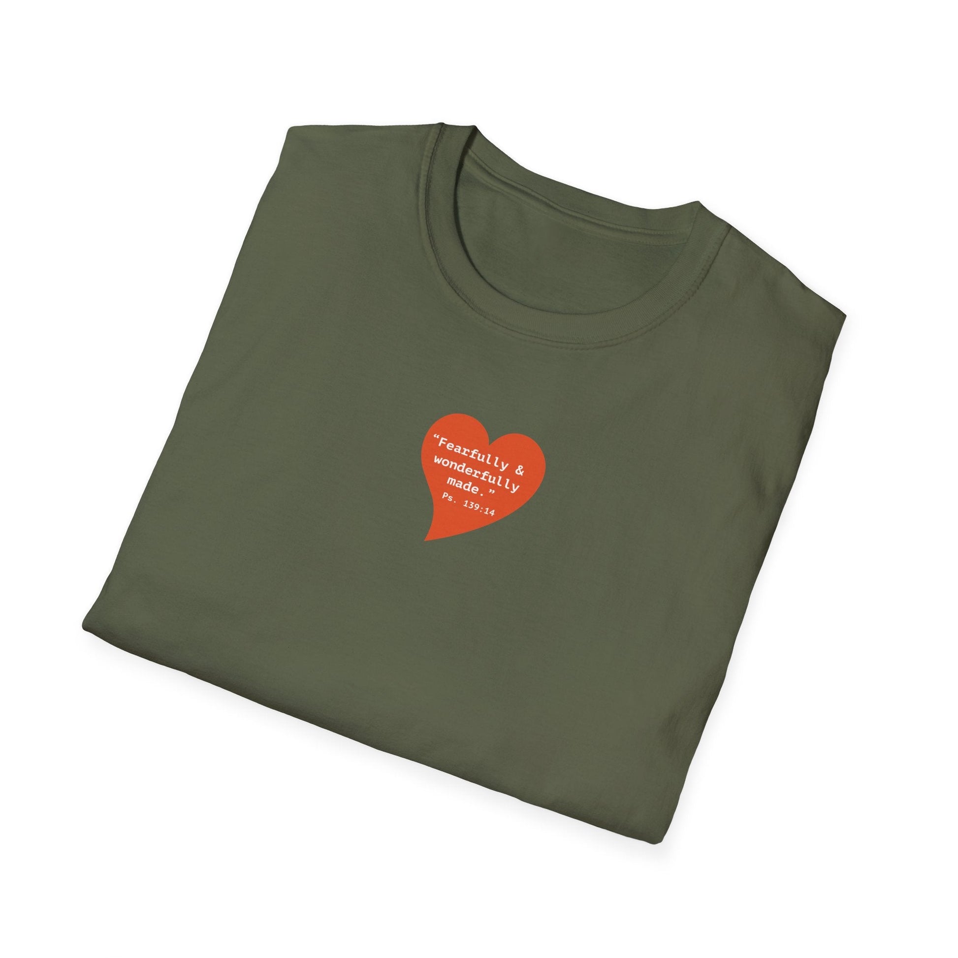 T-Shirt — Small Red Heart Graphic "Fearfully & Wonderfully Made" - i am loved