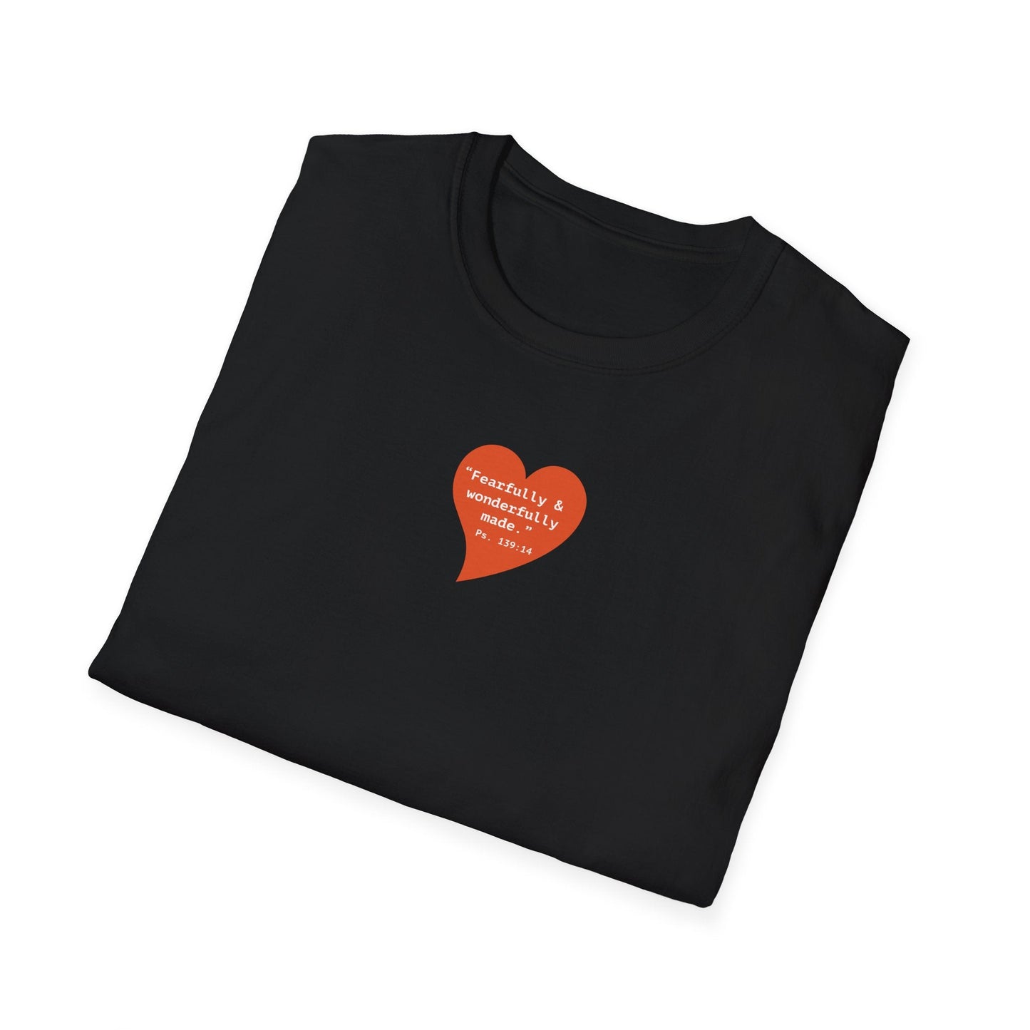 T-Shirt — Small Red Heart Graphic "Fearfully & Wonderfully Made" - i am loved