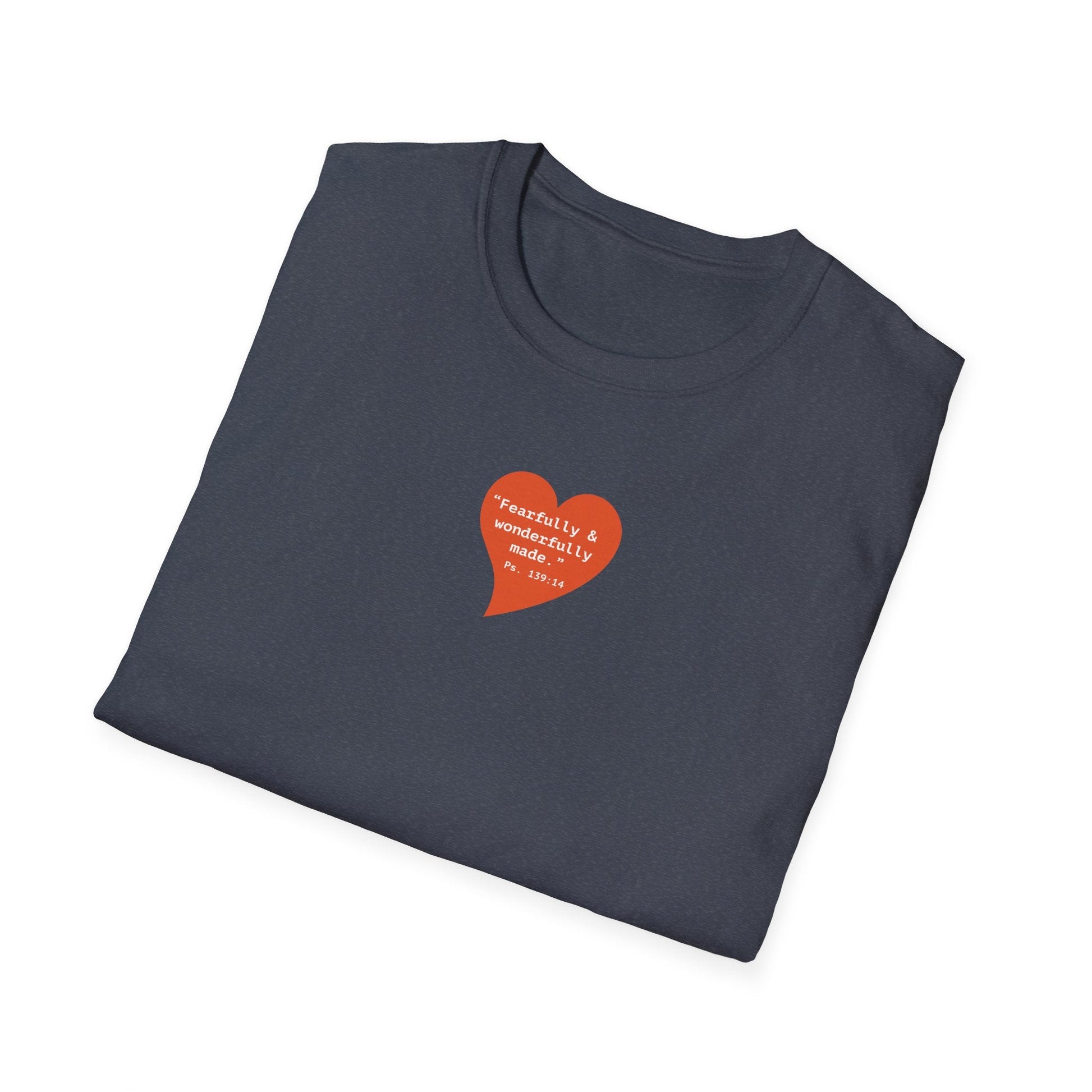 T-Shirt — Small Red Heart Graphic "Fearfully & Wonderfully Made" - i am loved