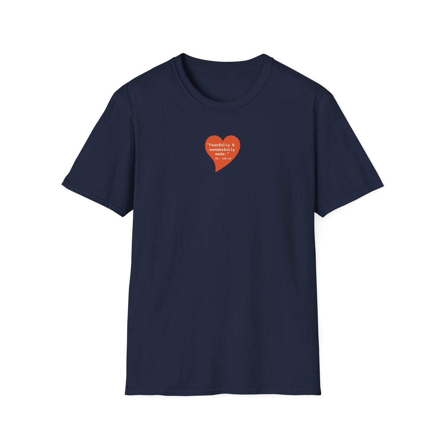 T-Shirt — Small Red Heart Graphic "Fearfully & Wonderfully Made" - i am loved