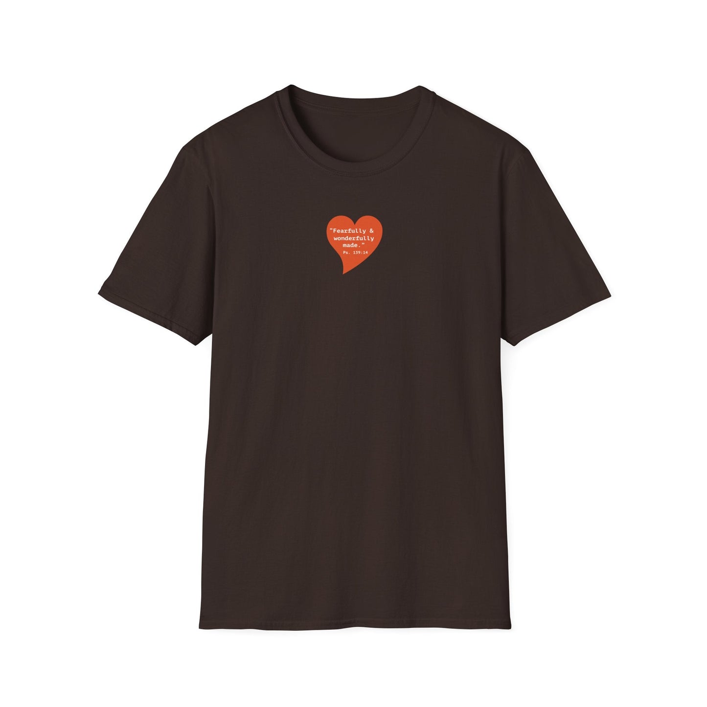 T-Shirt — Small Red Heart Graphic "Fearfully & Wonderfully Made" - i am loved