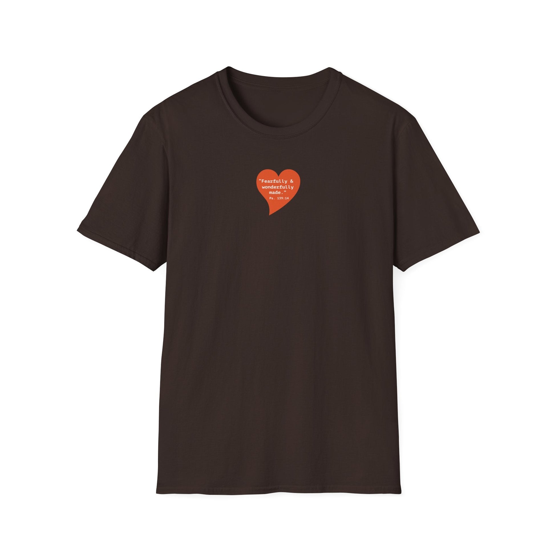 T-Shirt — Small Red Heart Graphic "Fearfully & Wonderfully Made" - i am loved