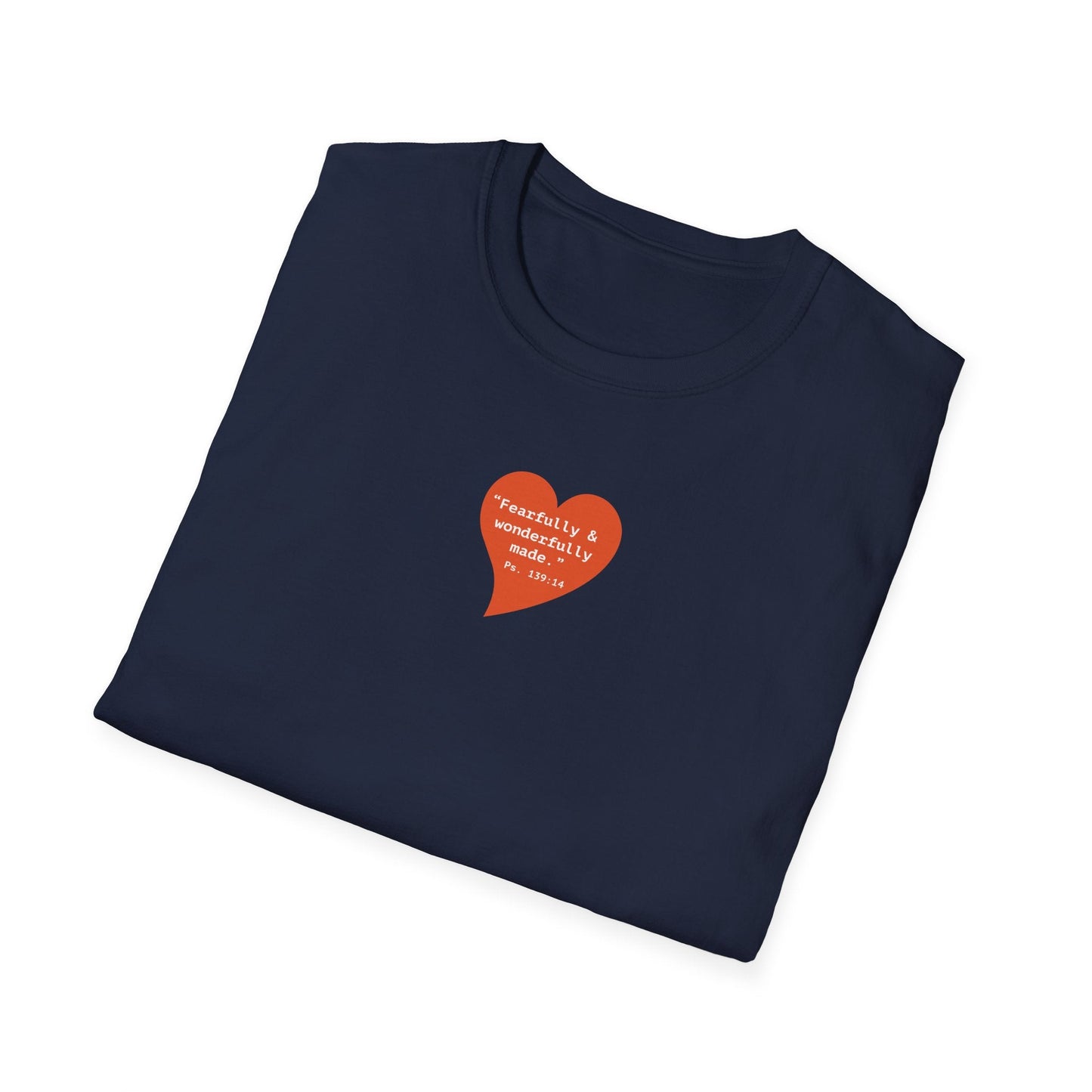 T-Shirt — Small Red Heart Graphic "Fearfully & Wonderfully Made" - i am loved