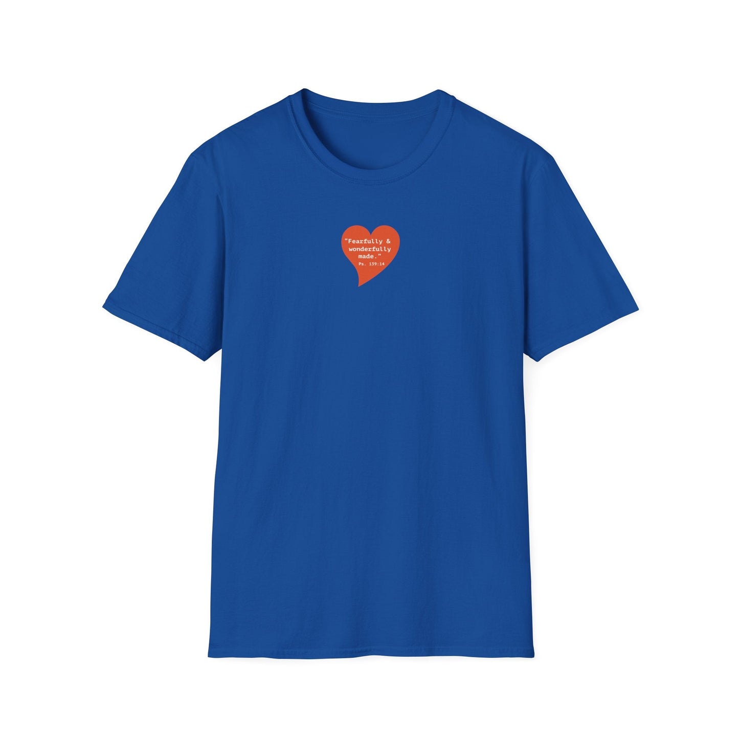 T-Shirt — Small Red Heart Graphic "Fearfully & Wonderfully Made" - i am loved