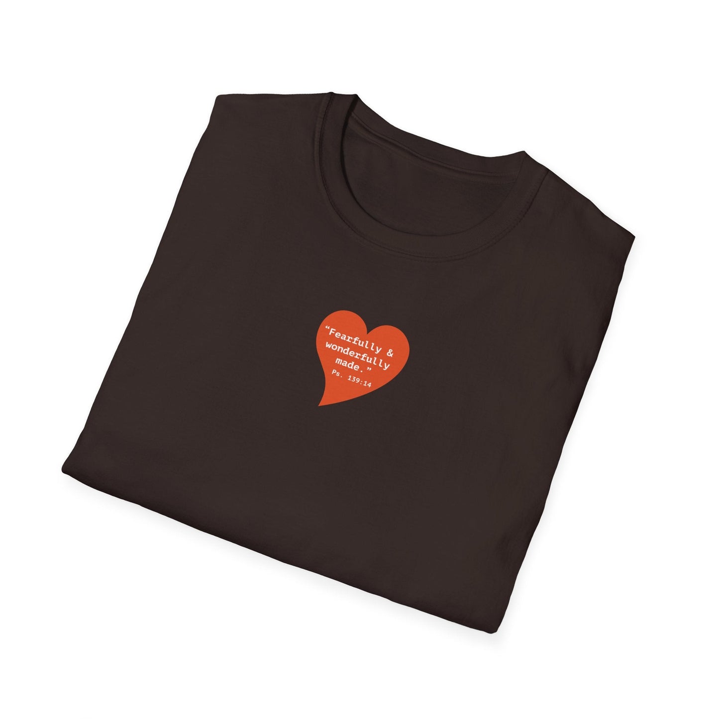 T-Shirt — Small Red Heart Graphic "Fearfully & Wonderfully Made" - i am loved