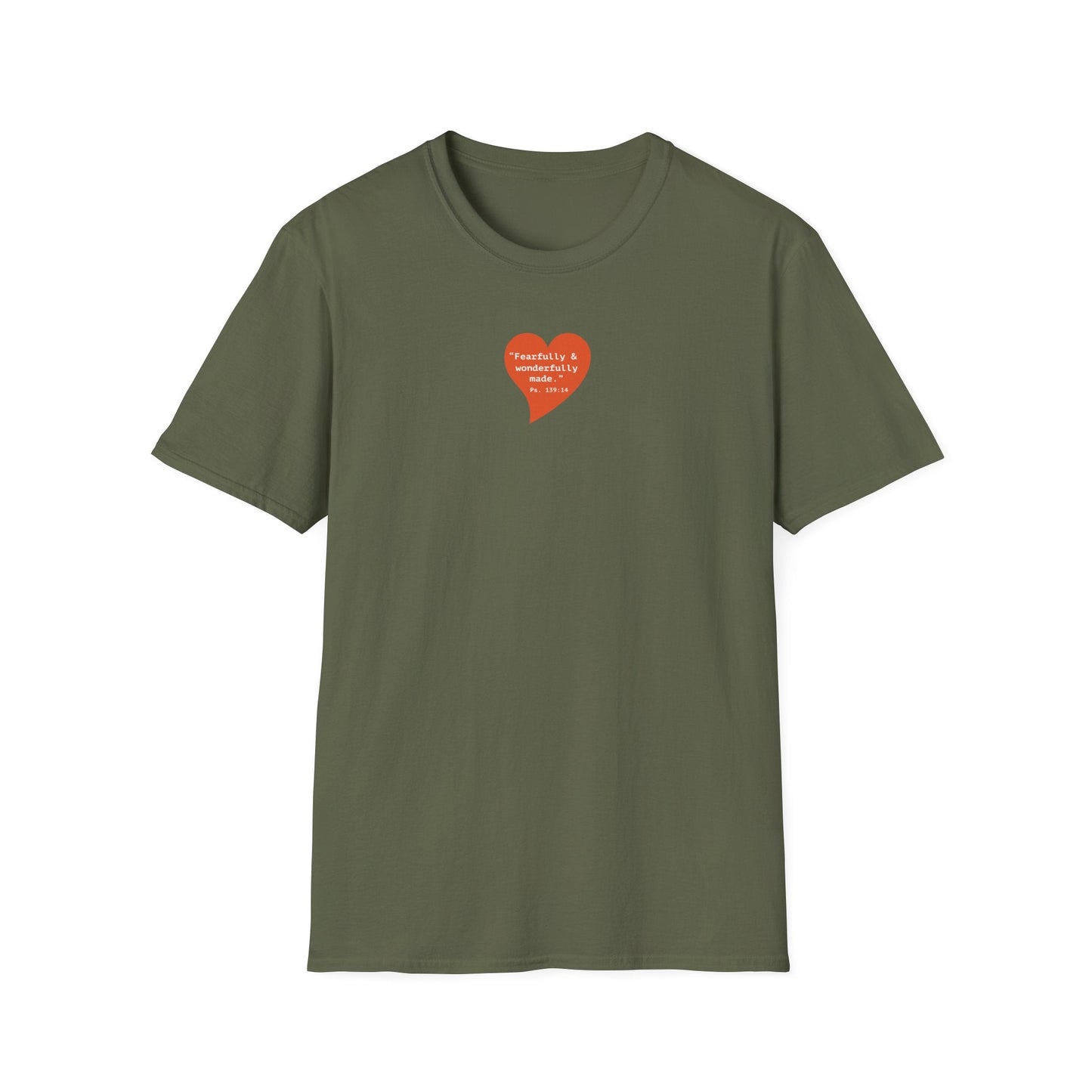 T-Shirt — Small Red Heart Graphic "Fearfully & Wonderfully Made" - i am loved