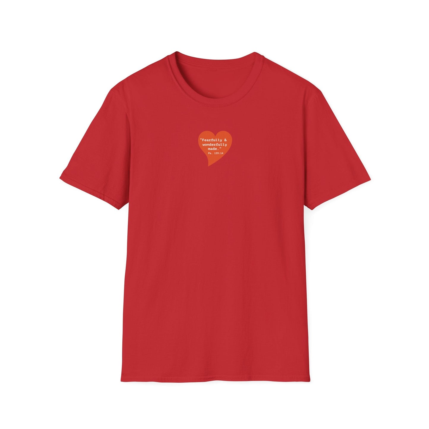 T-Shirt — Small Red Heart Graphic "Fearfully & Wonderfully Made" - i am loved