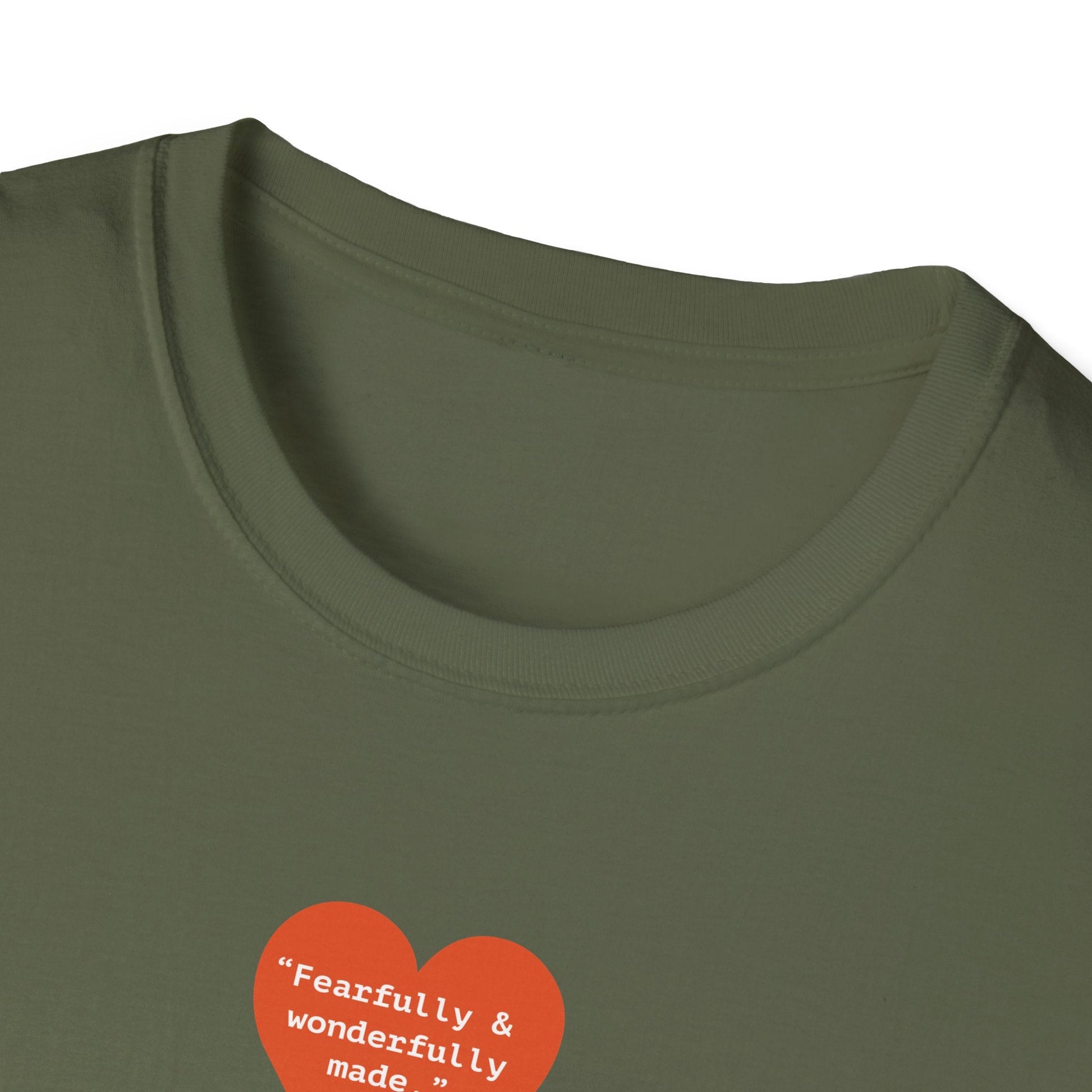 T-Shirt — Small Red Heart Graphic "Fearfully & Wonderfully Made" - i am loved