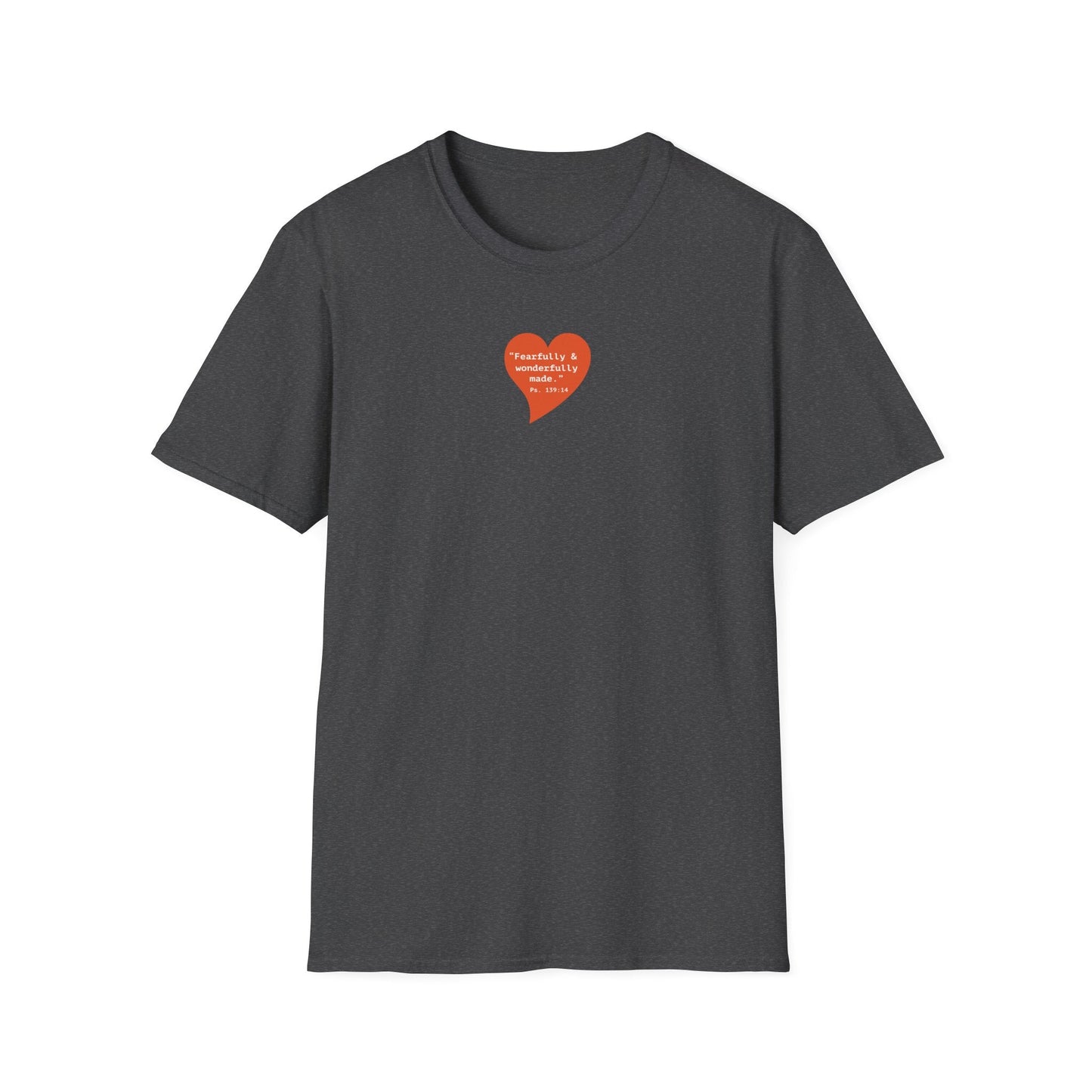 T-Shirt — Small Red Heart Graphic "Fearfully & Wonderfully Made" - i am loved