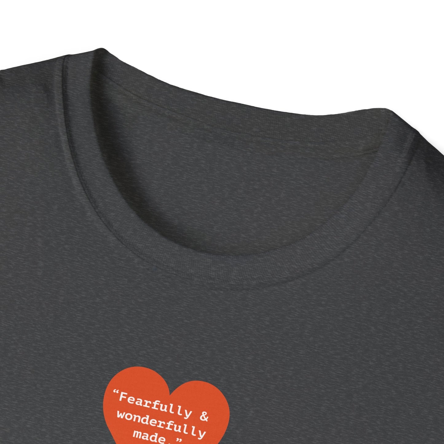 T-Shirt — Small Red Heart Graphic "Fearfully & Wonderfully Made" - i am loved