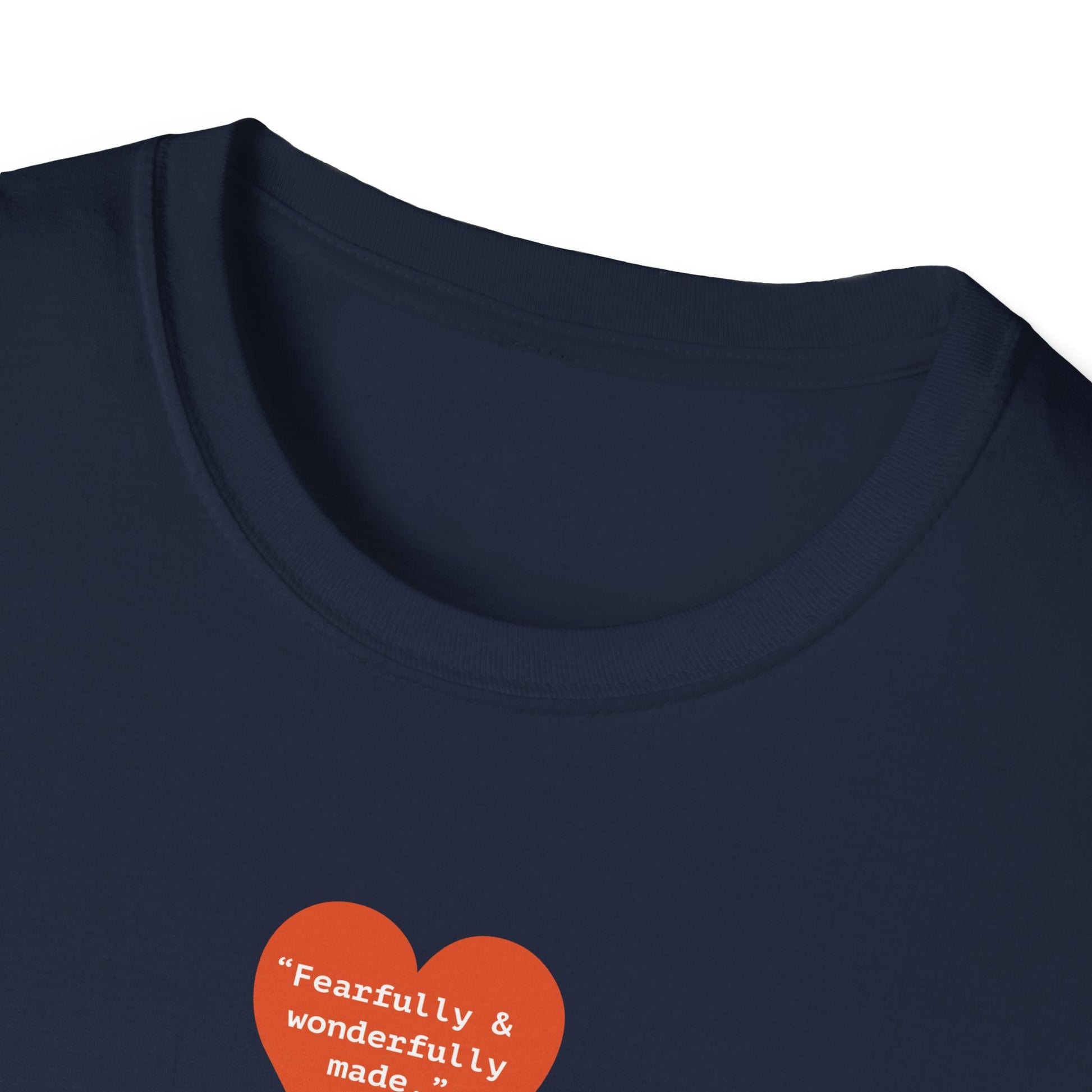 T-Shirt — Small Red Heart Graphic "Fearfully & Wonderfully Made" - i am loved