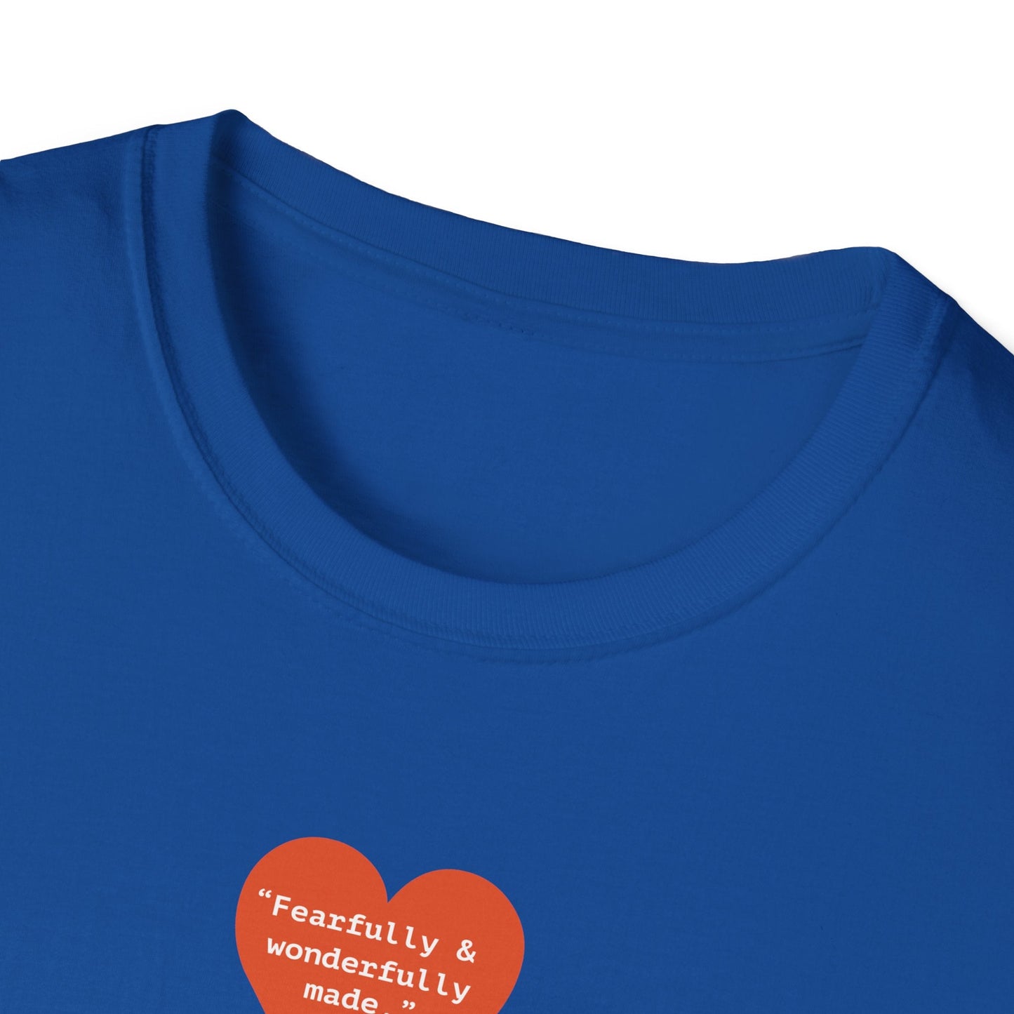 T-Shirt — Small Red Heart Graphic "Fearfully & Wonderfully Made" - i am loved