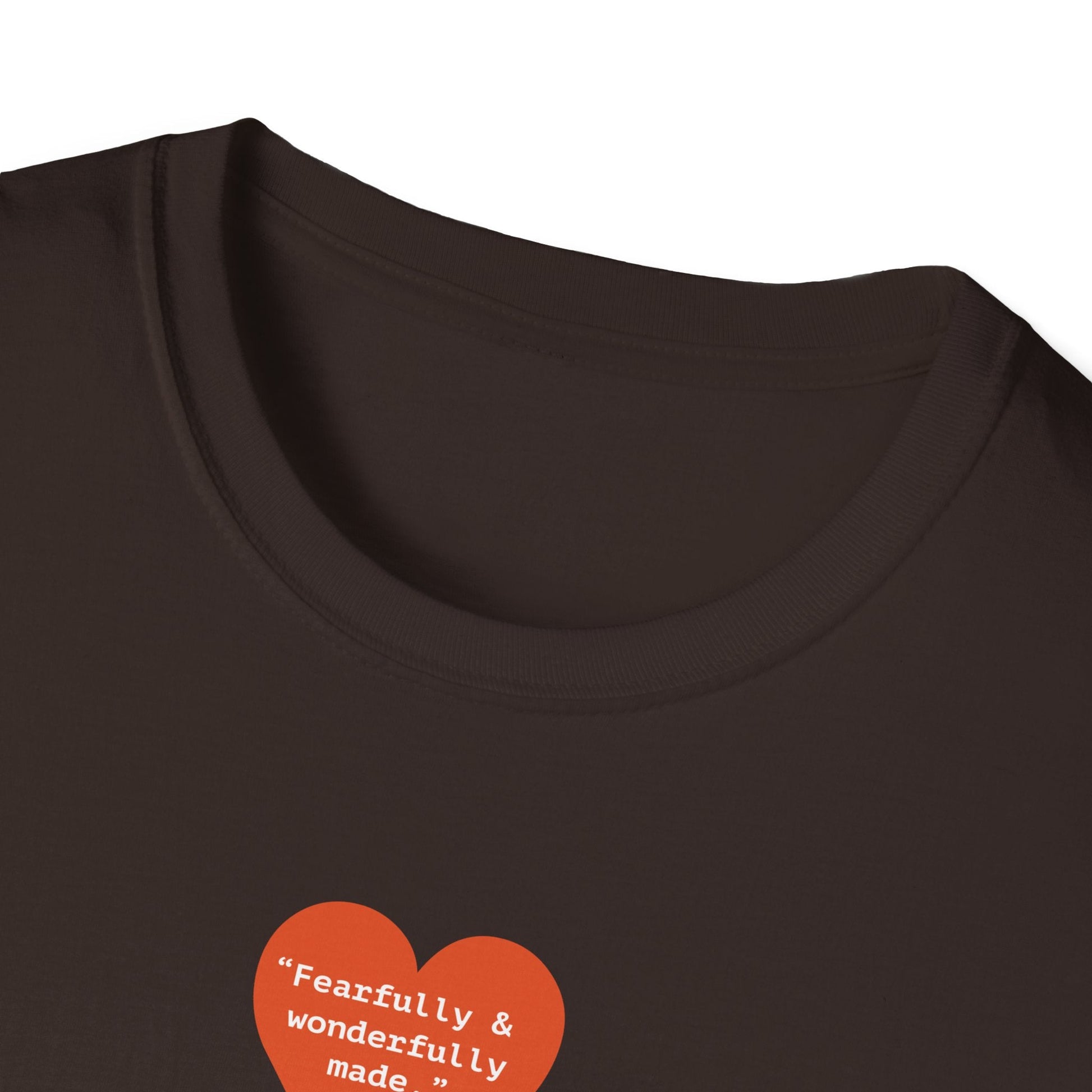 T-Shirt — Small Red Heart Graphic "Fearfully & Wonderfully Made" - i am loved