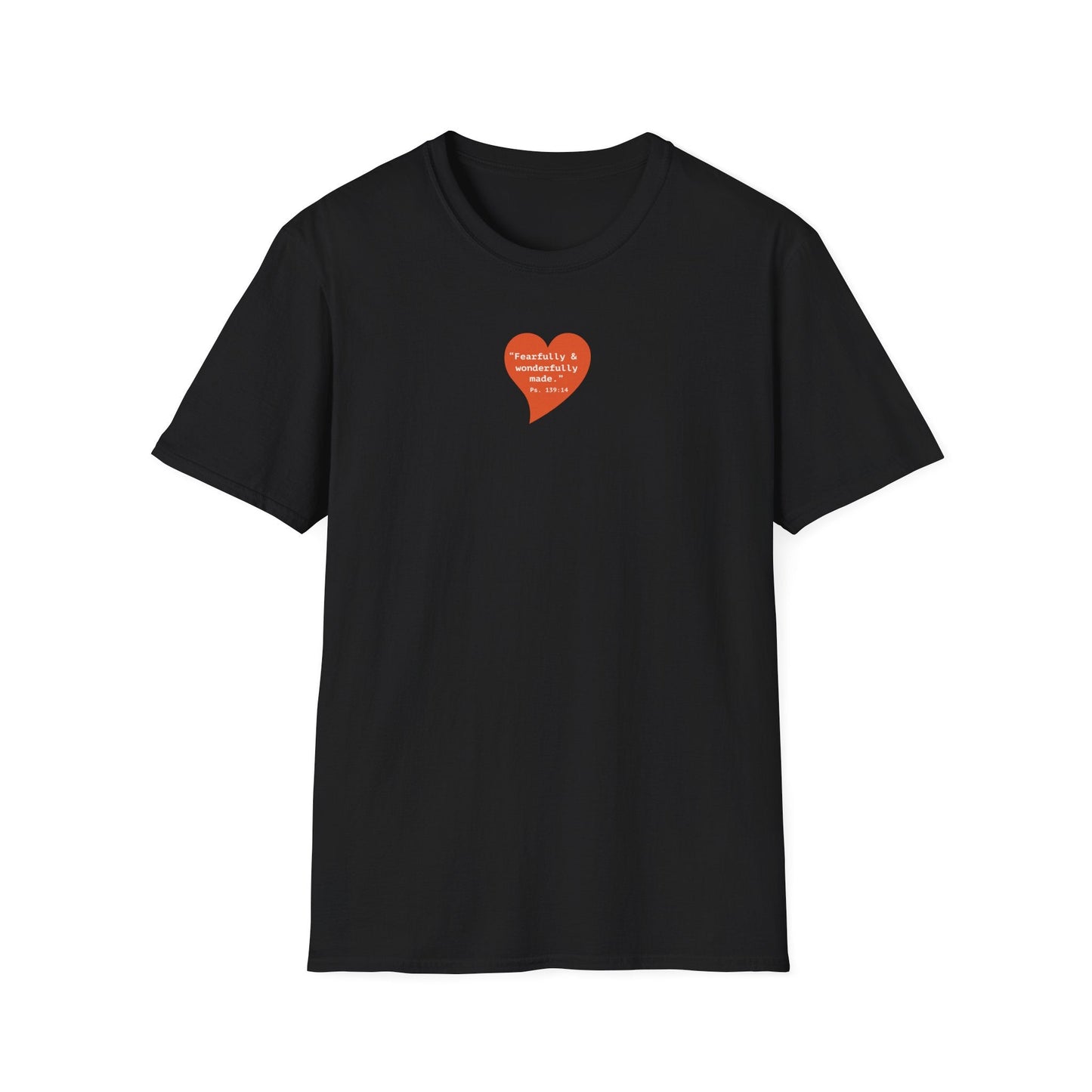 T-Shirt — Small Red Heart Graphic "Fearfully & Wonderfully Made" - i am loved