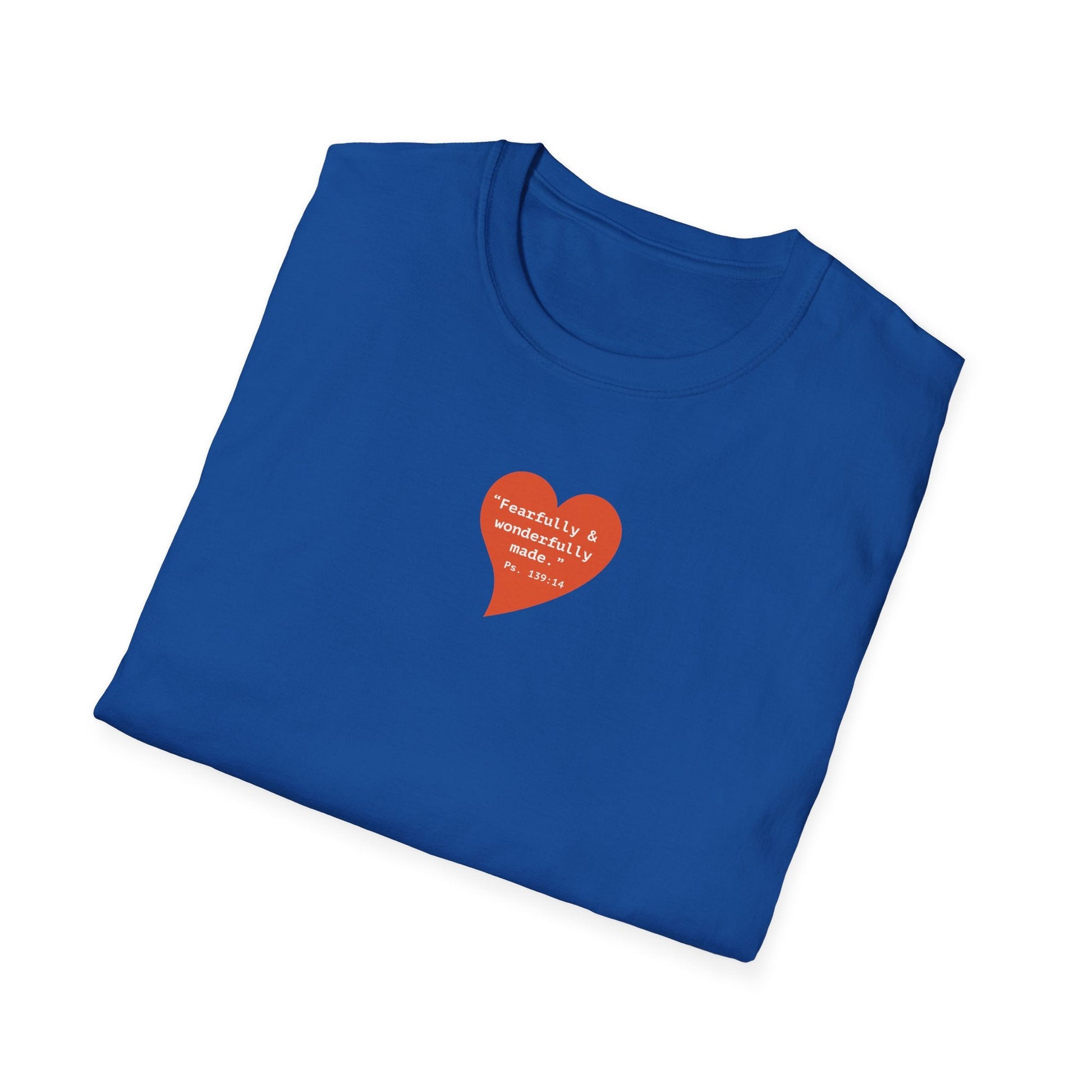 T-Shirt — Small Red Heart Graphic "Fearfully & Wonderfully Made" - i am loved