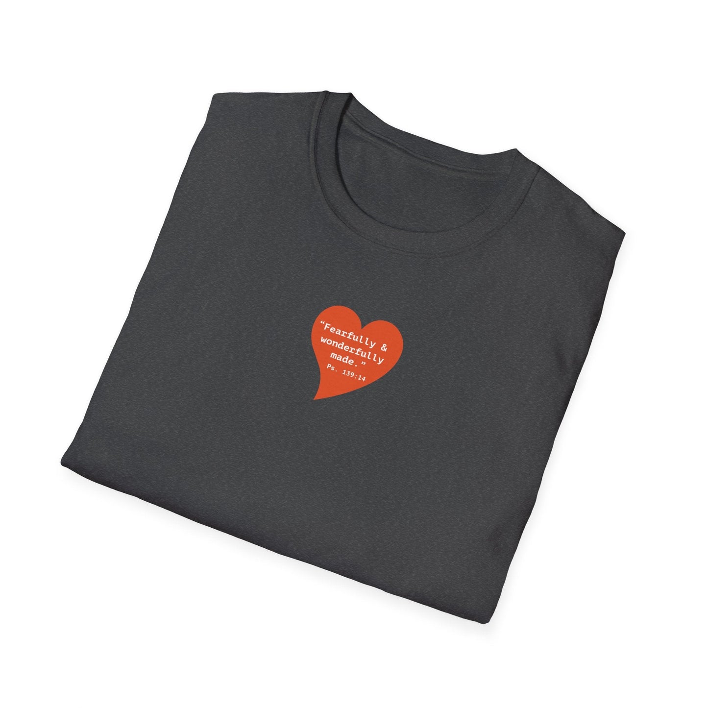 T-Shirt — Small Red Heart Graphic "Fearfully & Wonderfully Made" - i am loved