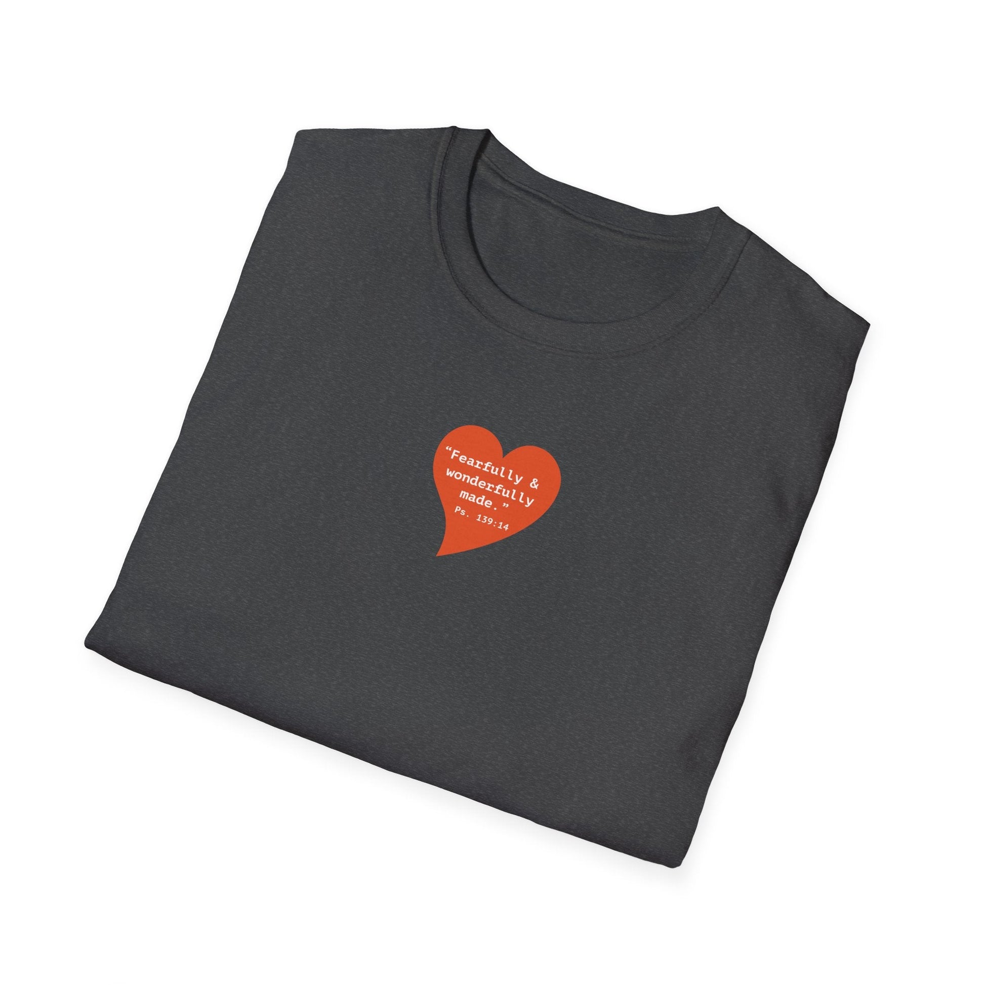 T-Shirt — Small Red Heart Graphic "Fearfully & Wonderfully Made" - i am loved