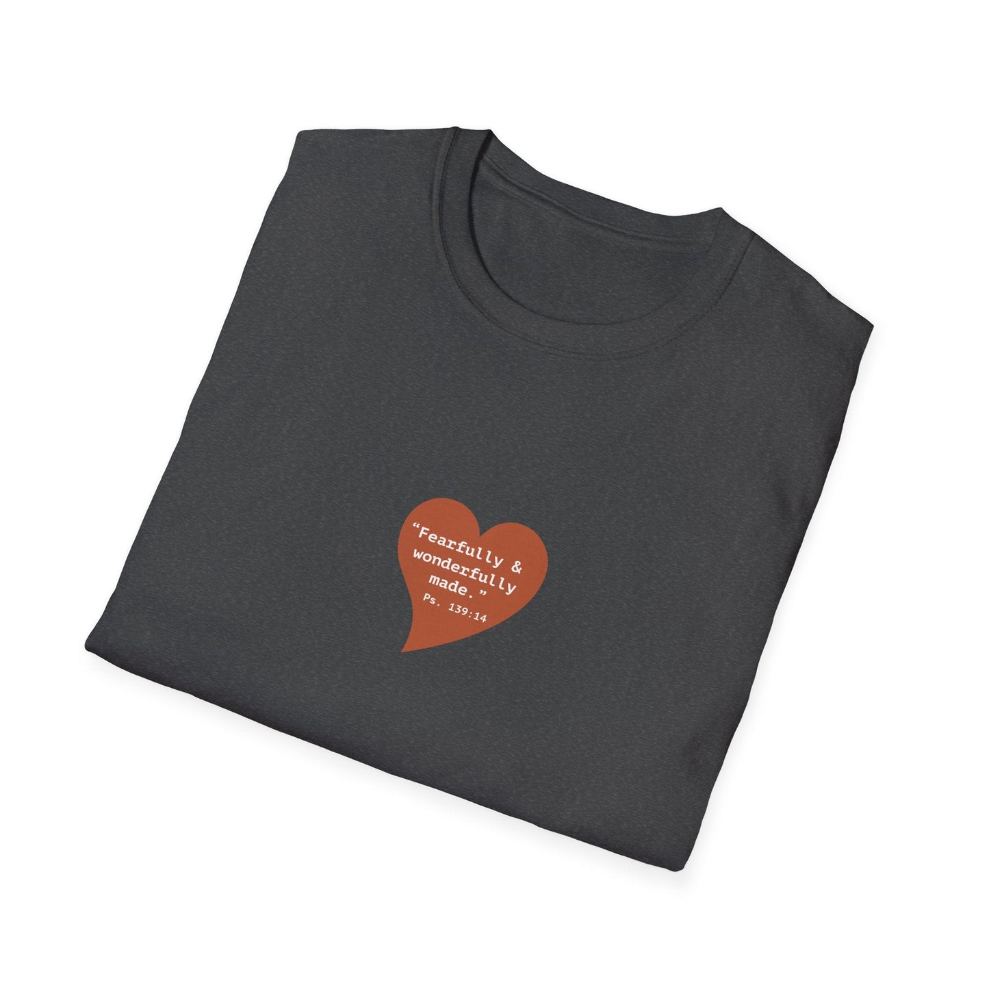 T-Shirt — Small Red Heart Graphic "Fearfully & Wonderfully Made - Left" - i am loved