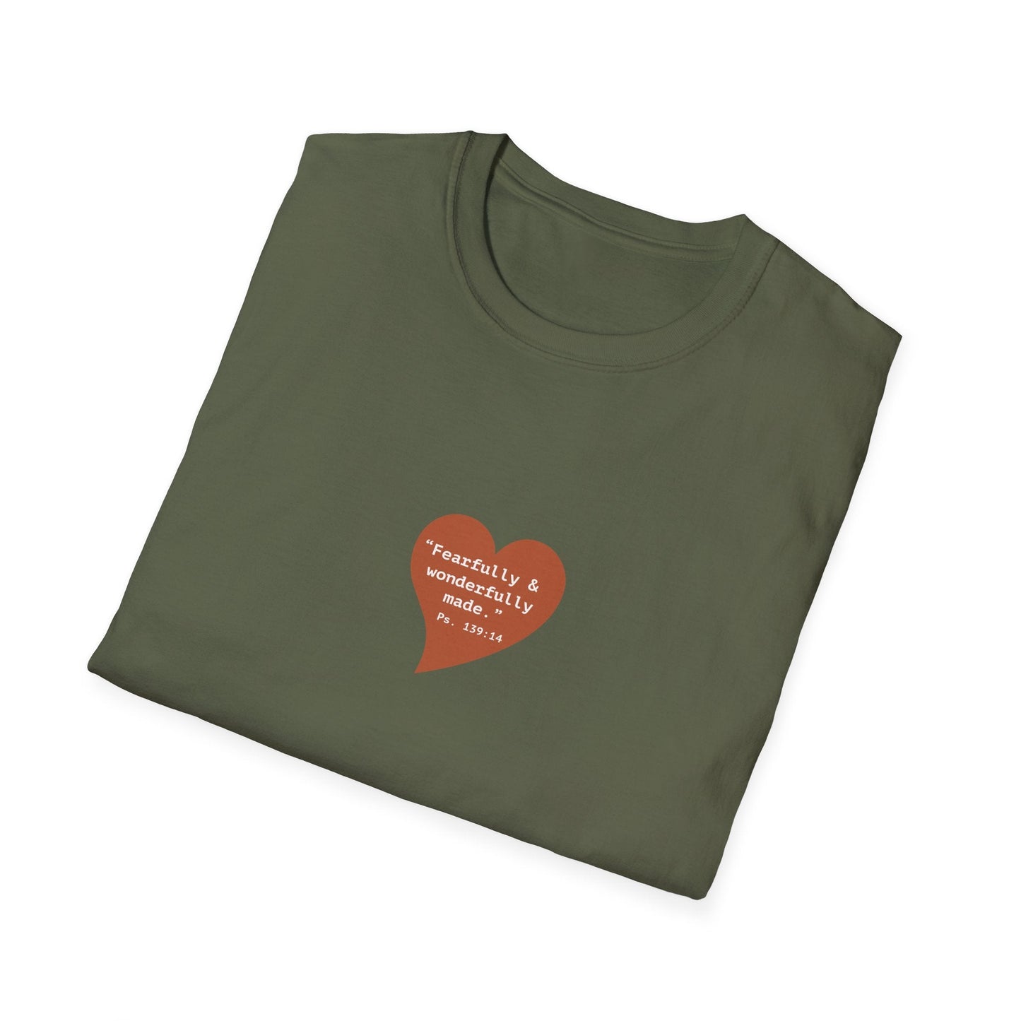 T-Shirt — Small Red Heart Graphic "Fearfully & Wonderfully Made - Left" - i am loved