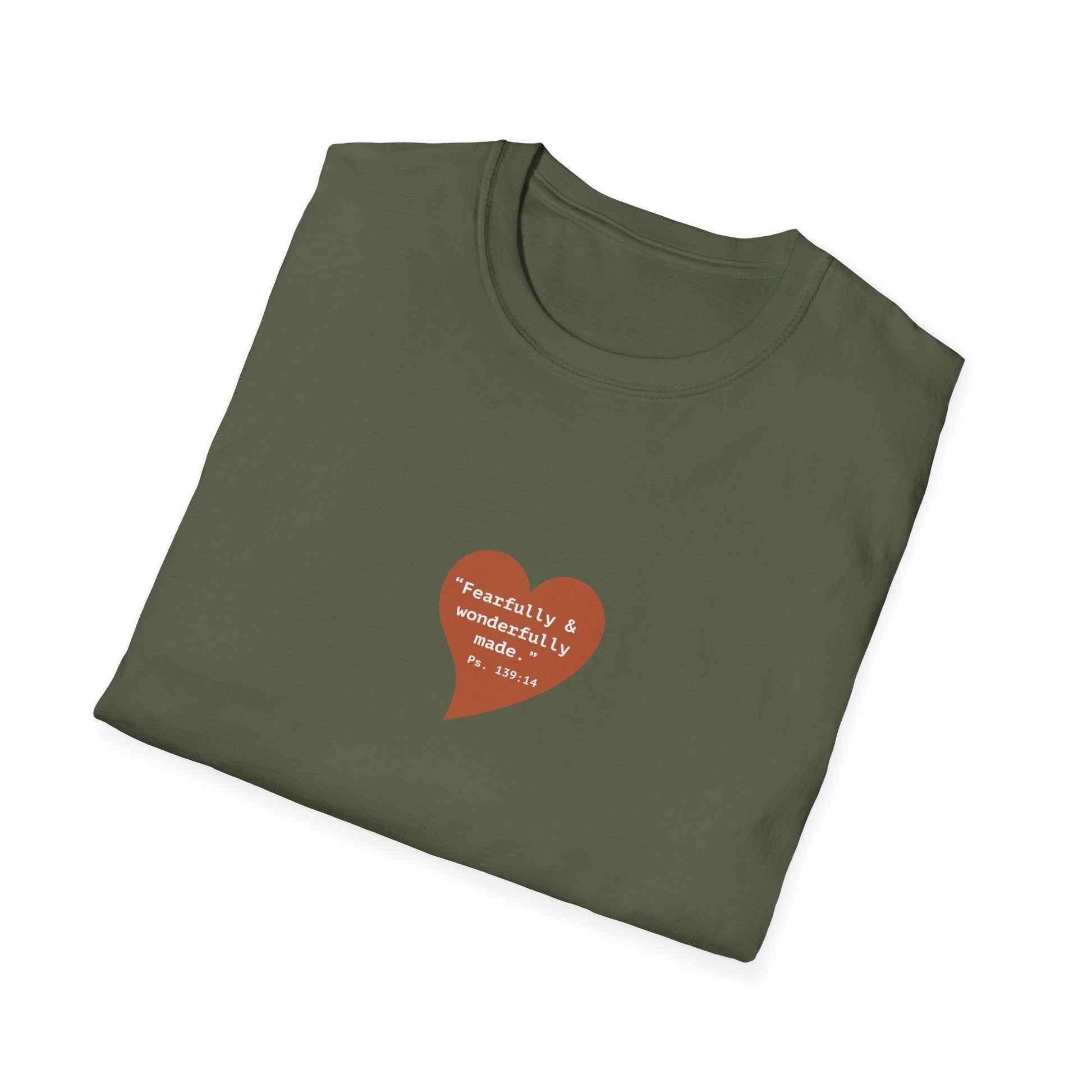 T-Shirt — Small Red Heart Graphic "Fearfully & Wonderfully Made - Left" - i am loved