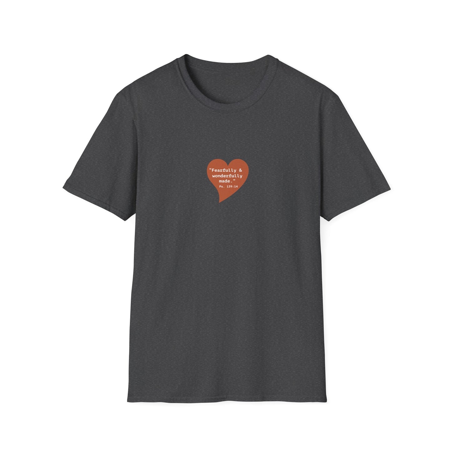 T-Shirt — Small Red Heart Graphic "Fearfully & Wonderfully Made - Left" - i am loved