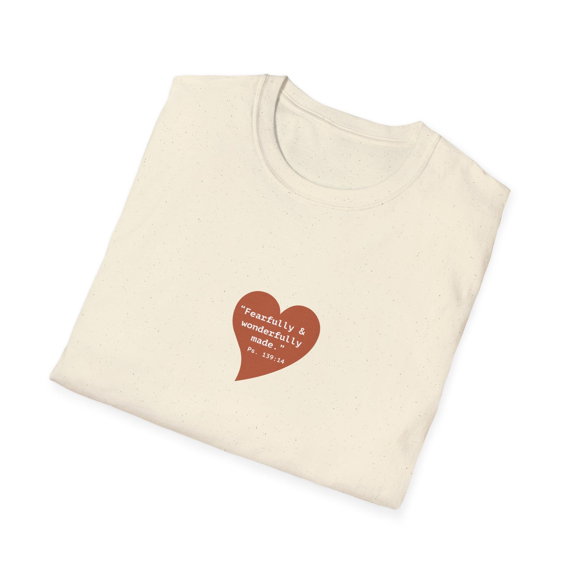 T-Shirt — Small Red Heart Graphic "Fearfully & Wonderfully Made - Left" - i am loved