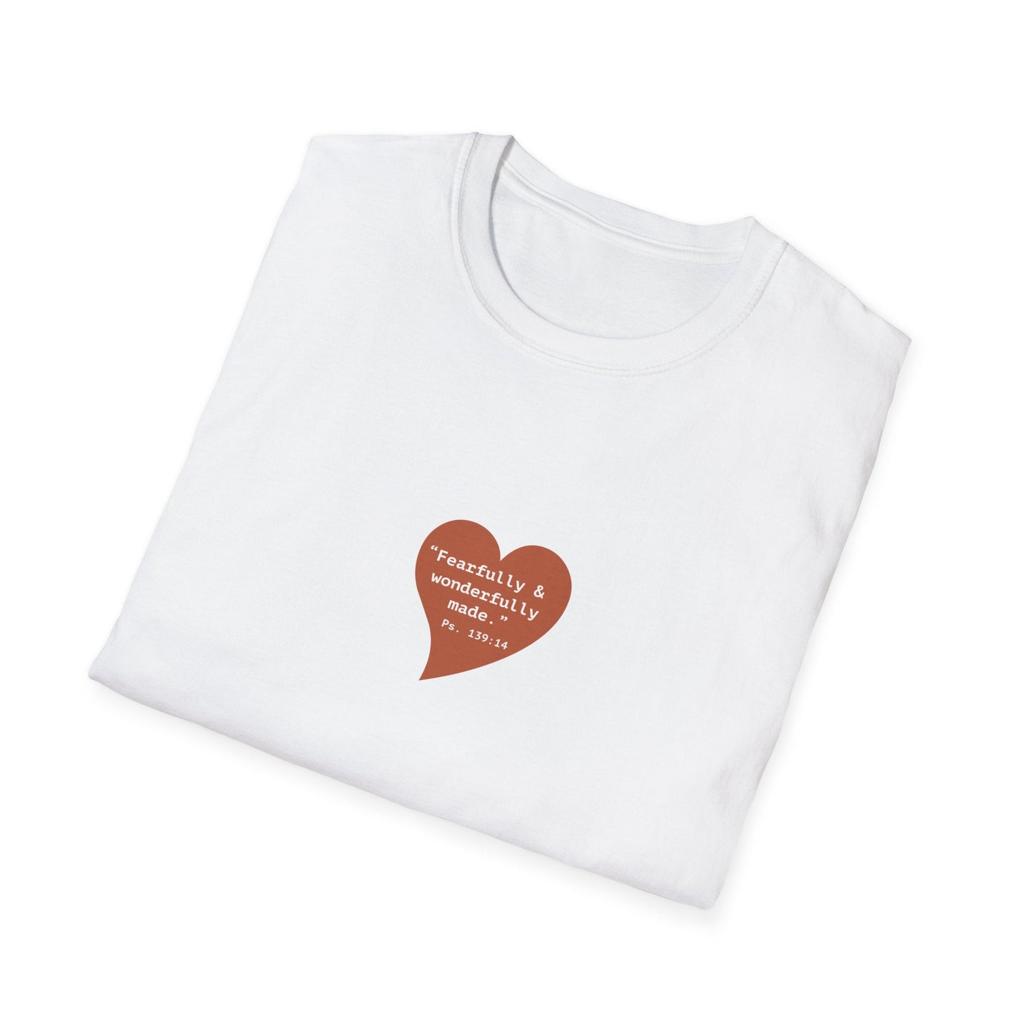 T-Shirt — Small Red Heart Graphic "Fearfully & Wonderfully Made - Left" - i am loved