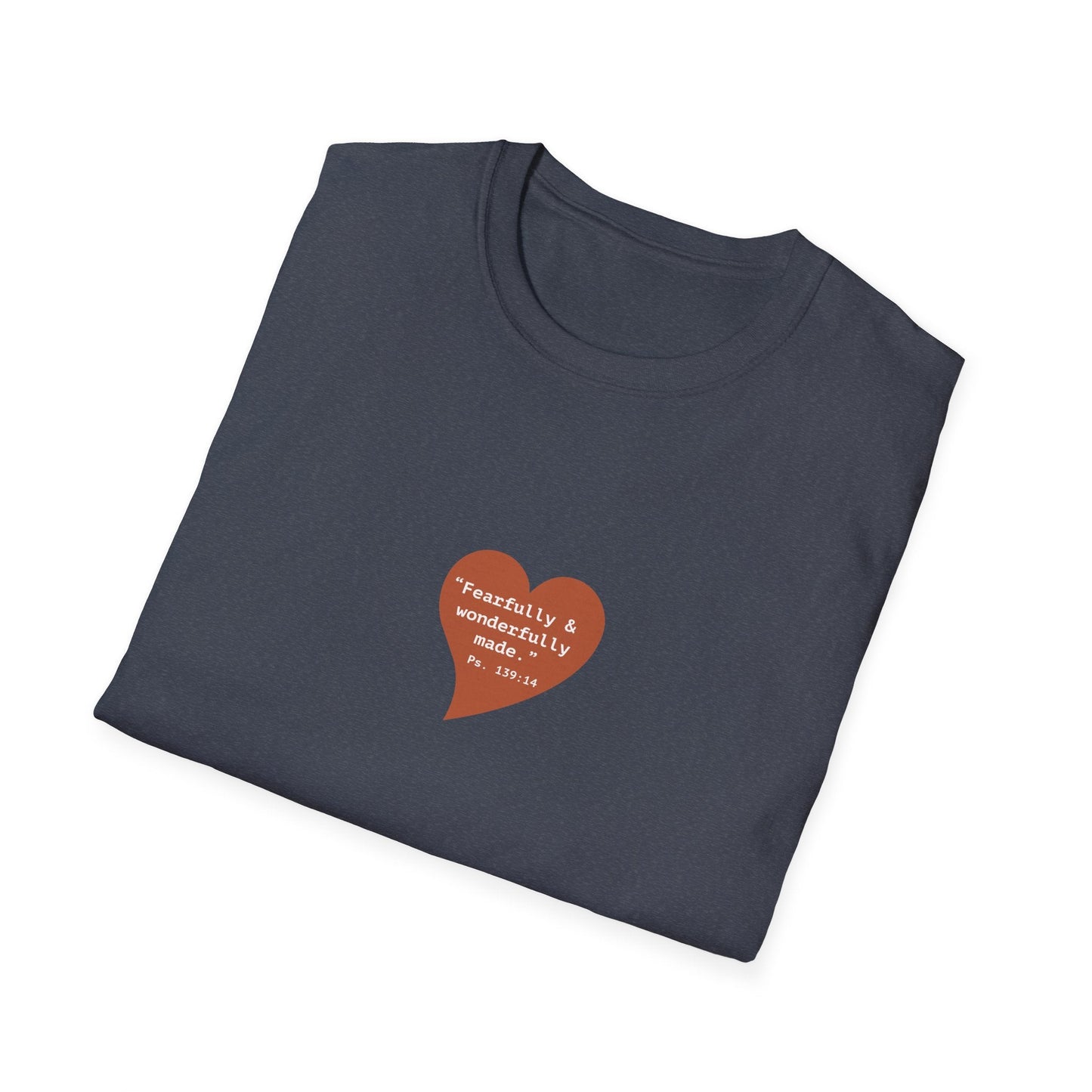 T-Shirt — Small Red Heart Graphic "Fearfully & Wonderfully Made - Left" - i am loved